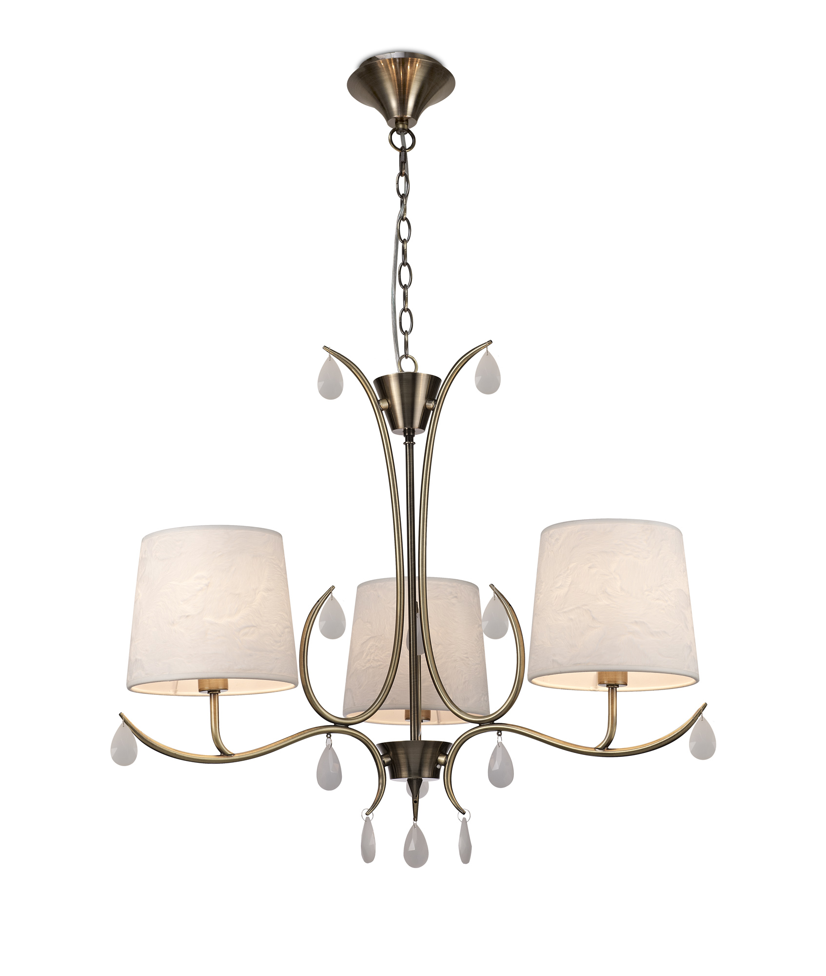 Andrea Pendant 67cm Round, 5 x E14 (Max 20W), Antique Brass, White Shades, White Crystal Droplets