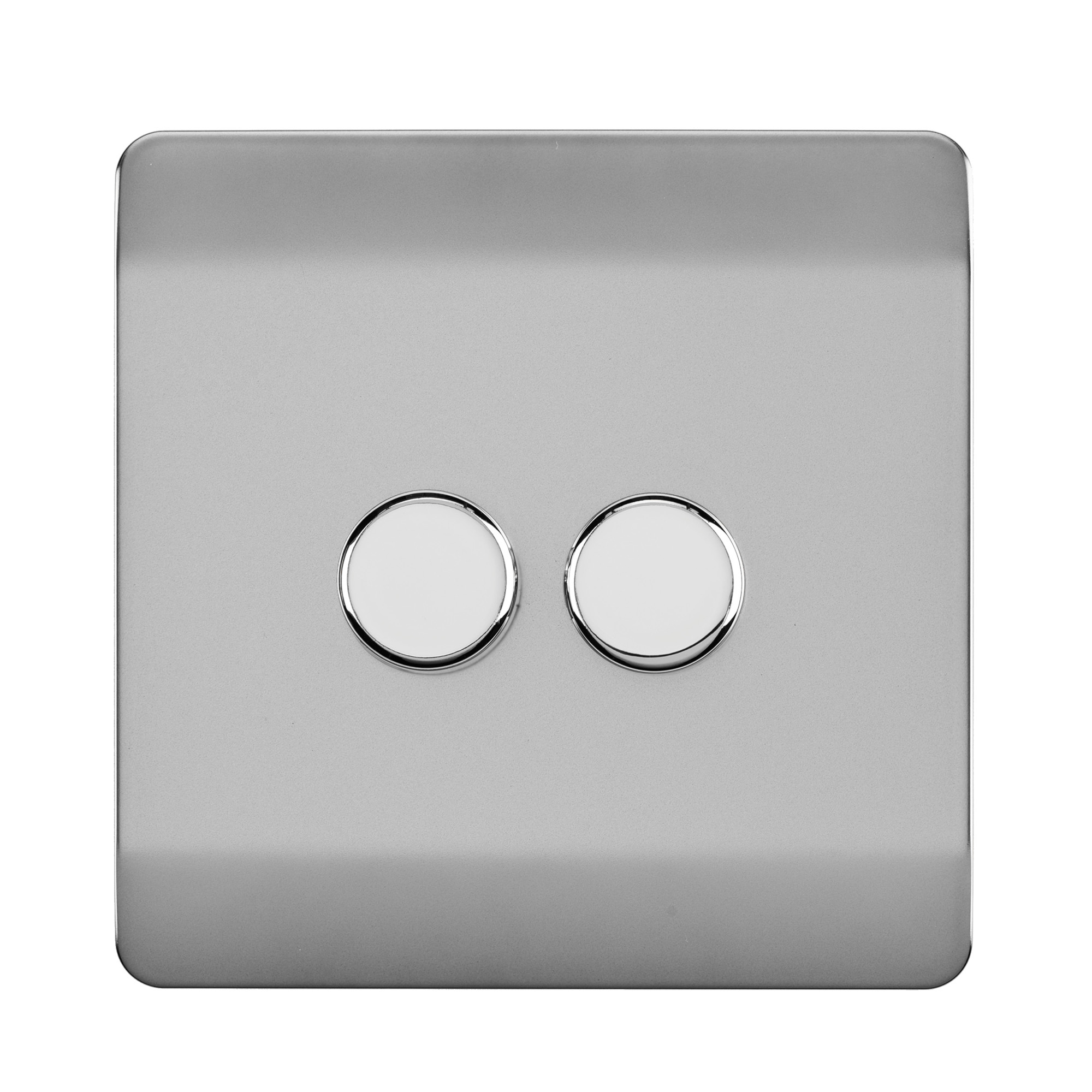 Brushed Steel Screwless 2 Gang 2 Way 100W LED Dimmer Switch, (35mm Back Box Req.), 10yrs Warranty