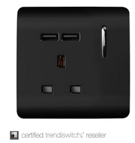 Trendi, Artistic Modern 1 Gang 13Amp Switched Socket WIth 2 x USB Ports Piano Black Finish, BRITISH MADE, (35mm Back Box Required), 10yrs Warranty