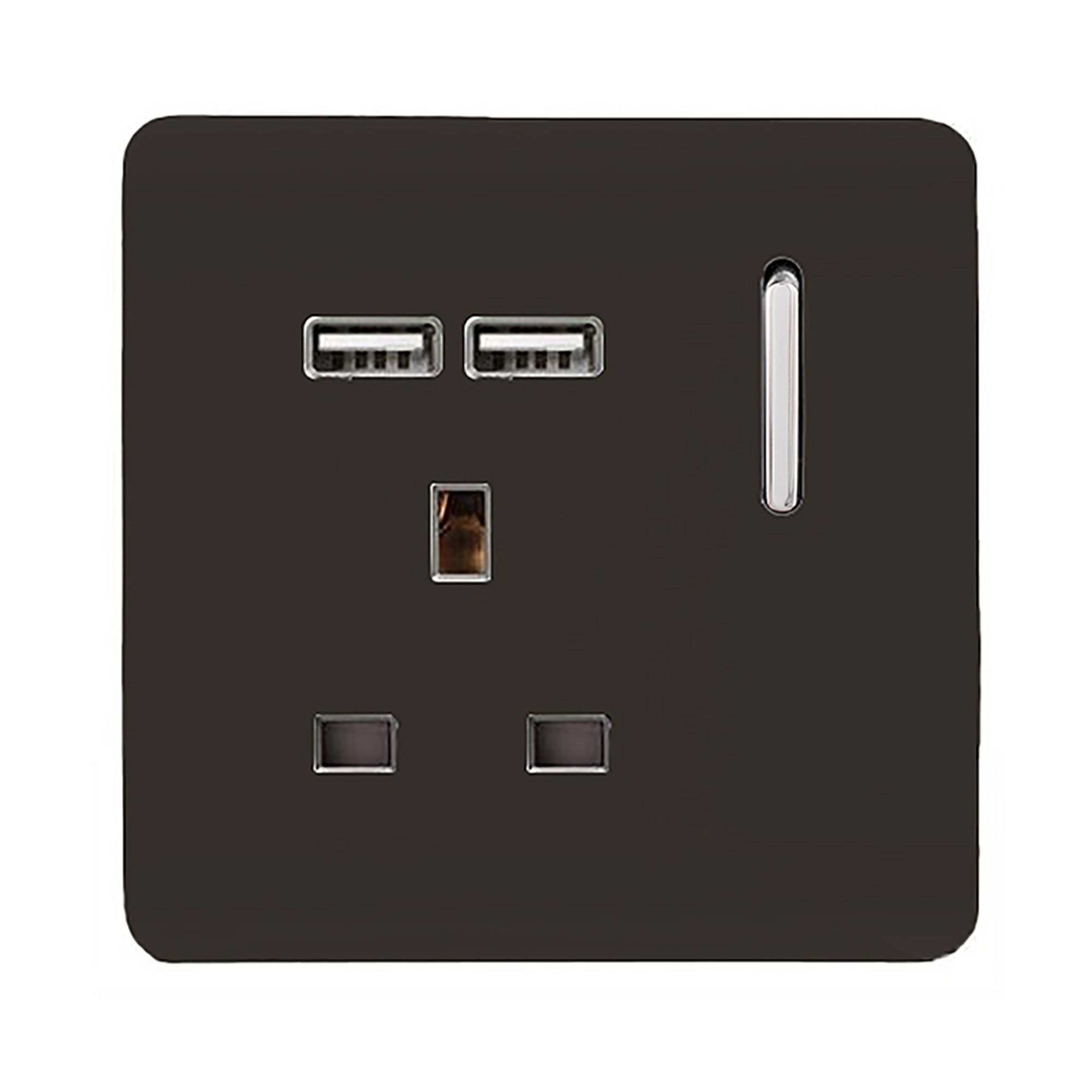Dark Brown Screwless 1 Gang Switched Single Socket 13A With 2 x USB-A 10W (Shared) With Neon Insert, (35mm Back Box Req.), 10yrs Warranty