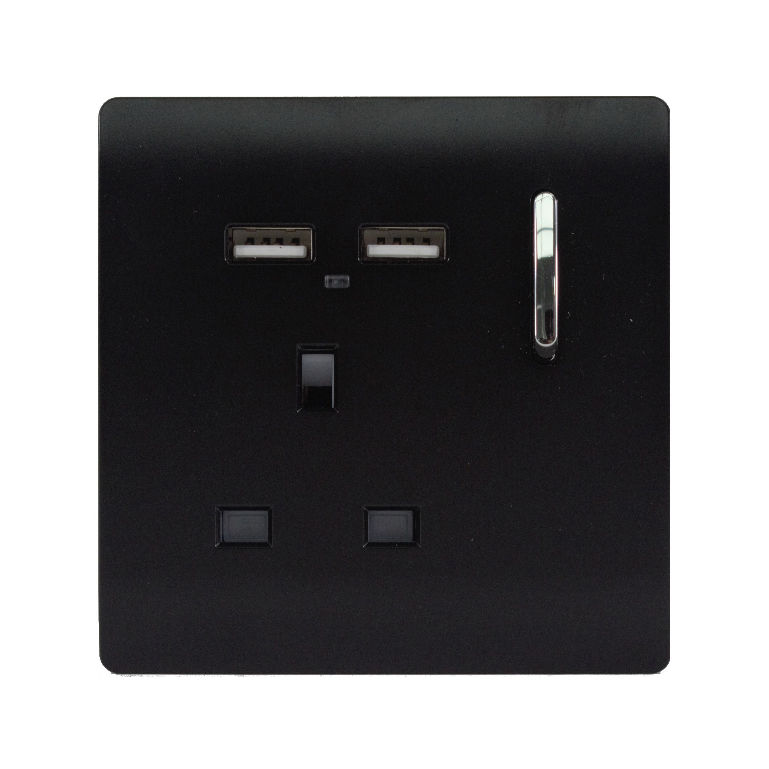 Matt Black Screwless 1 Gang Switched Single Socket 13A With 2 x USB-A 10W (Shared) With Neon Insert, (35mm Back Box Req.), 10yrs Warranty