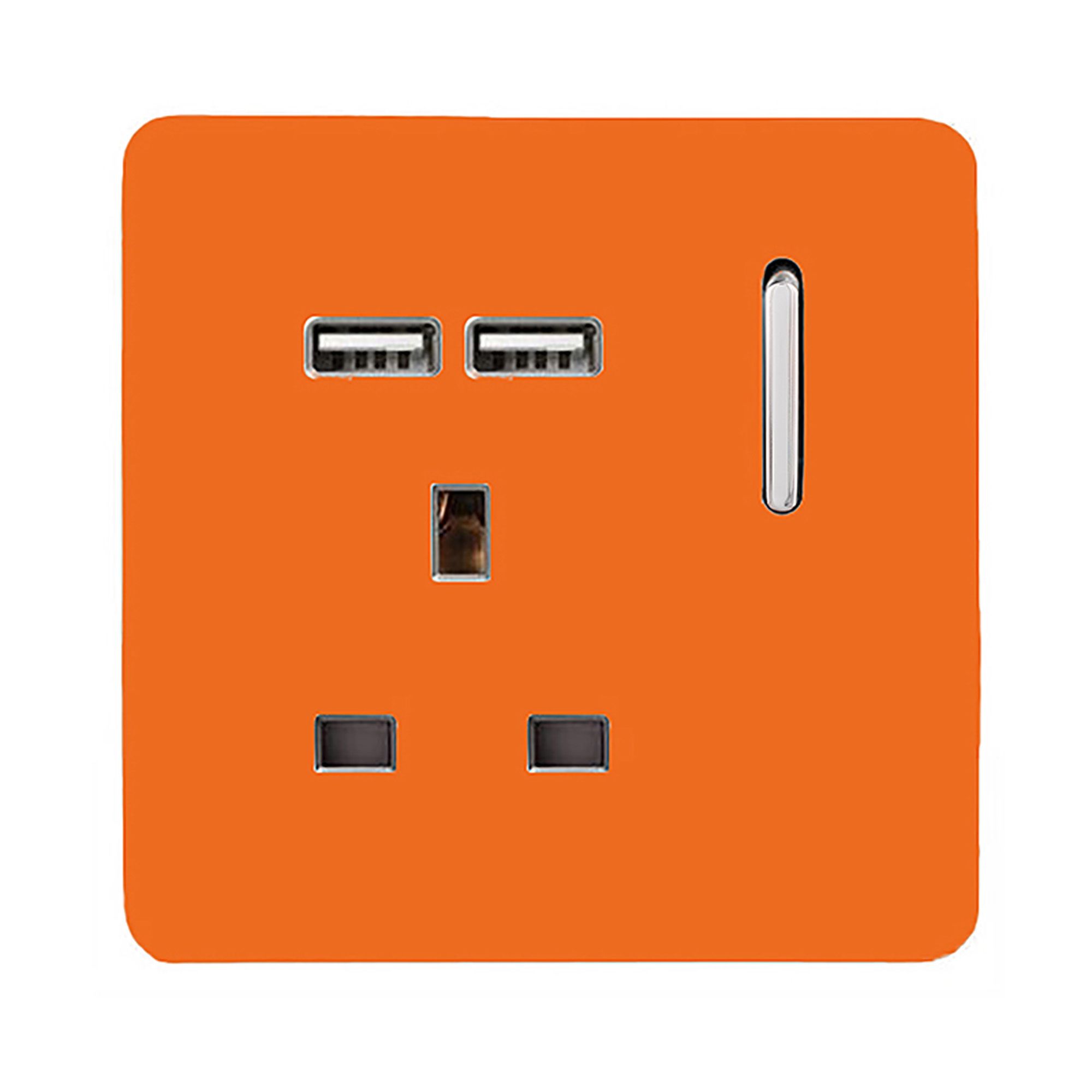 Trendi, Artistic Modern 1 Gang 13Amp Switched Socket WIth 2 x USB Ports Orange Finish, BRITISH MADE, (35mm Back Box Required), 10yrs Warranty