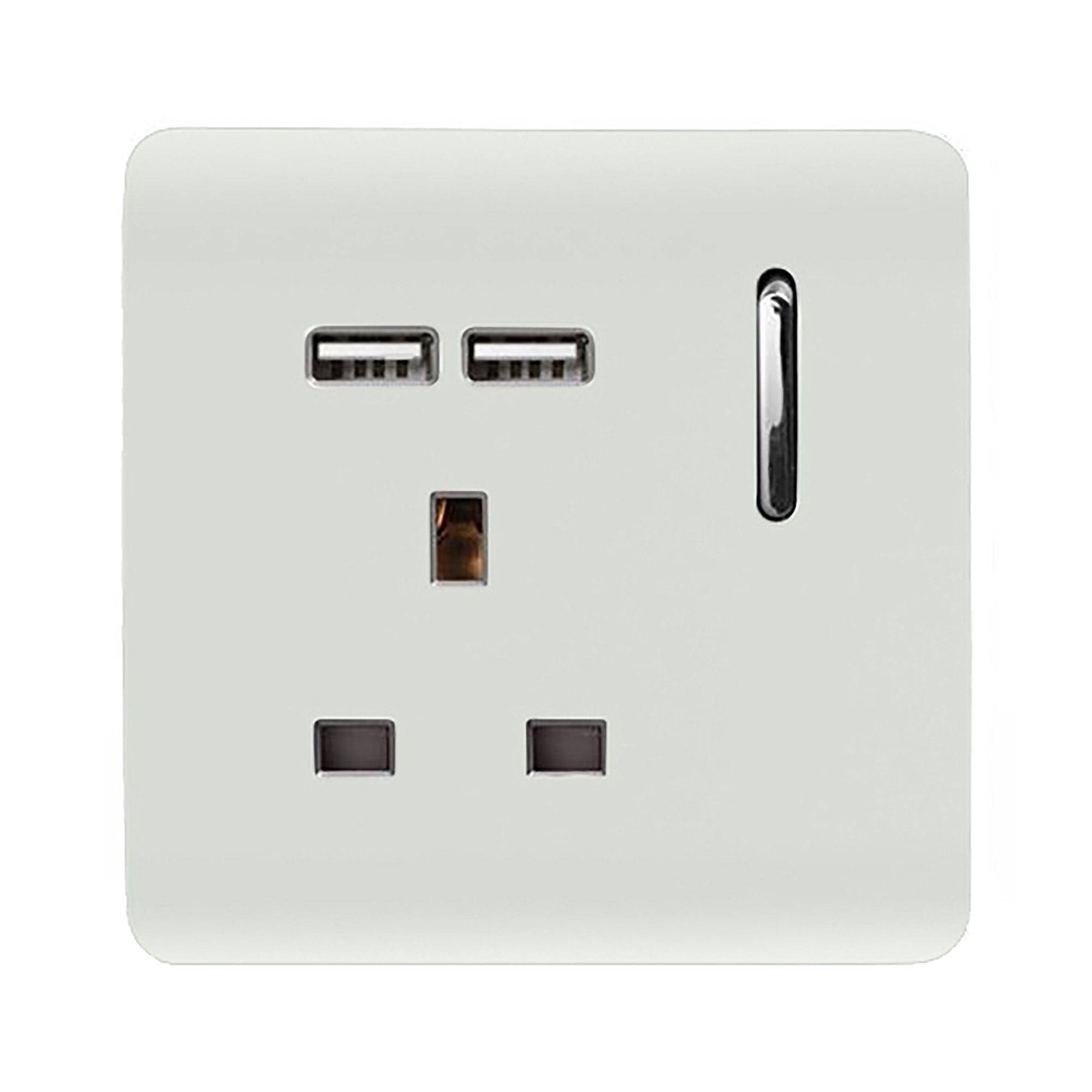Trendi, Artistic Modern 1 Gang 13Amp Switched Socket WIth 2 x USB Ports Ice White Finish, BRITISH MADE, (35mm Back Box Required), 10yrs Warranty