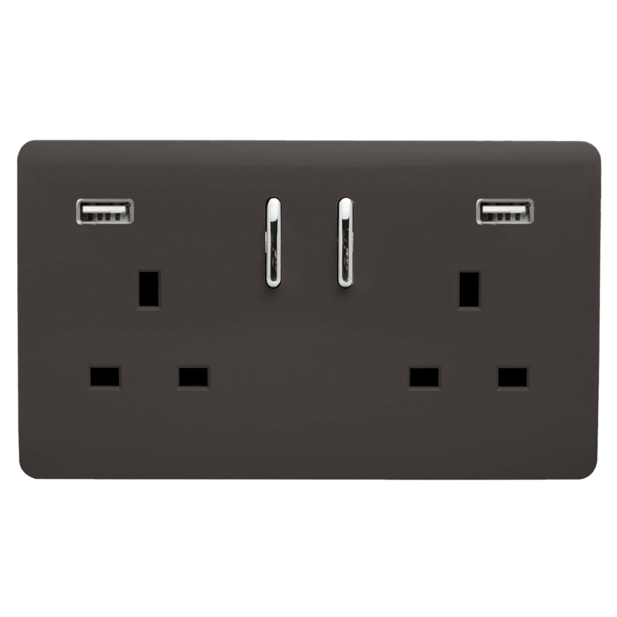 Dark Brown Screwless 2 Gang Switched Double Socket 13A With 2 x USB-A 10W (Shared), (35mm Back Box Req.), 10yrs Warranty