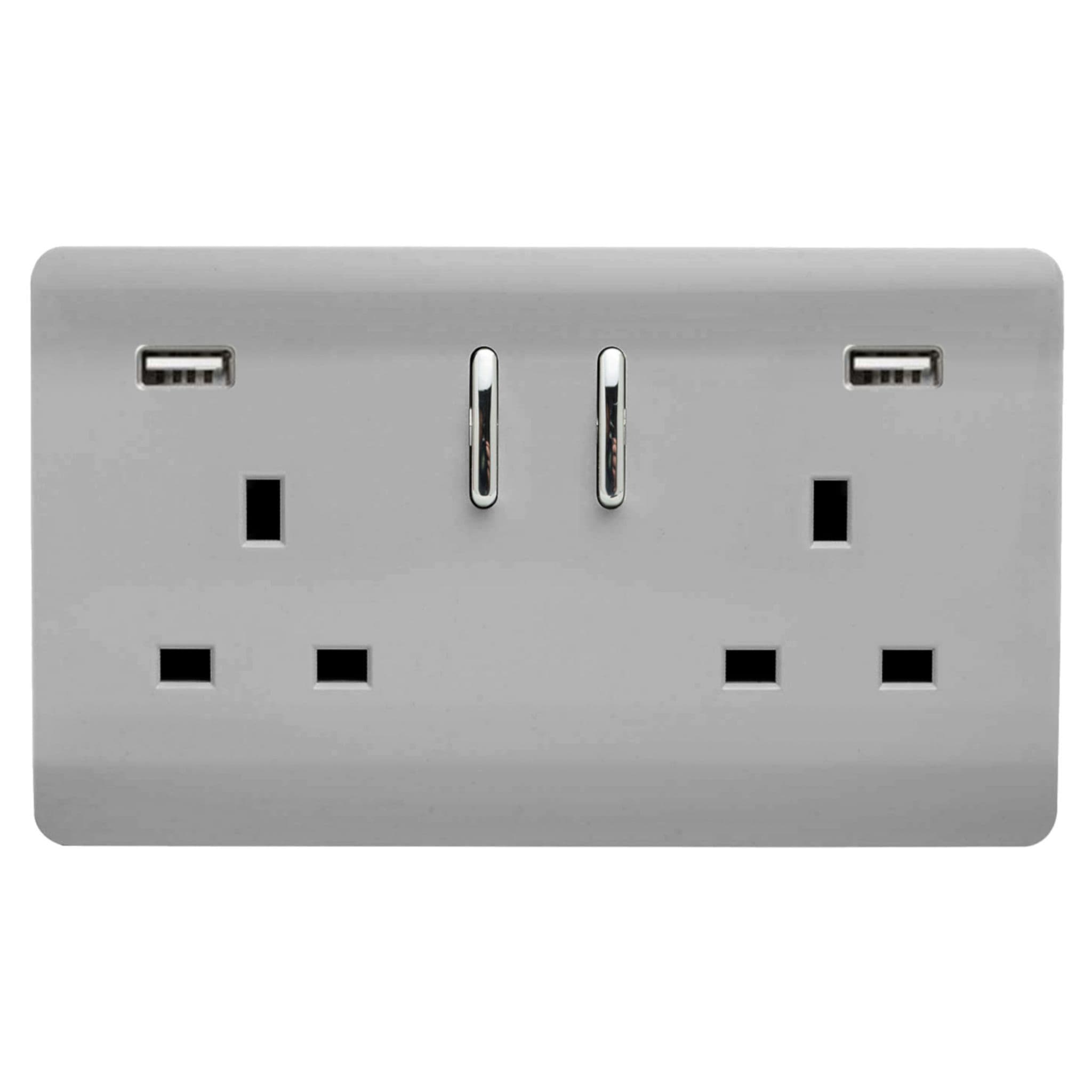 Trendi, Artistic Modern 2 Gang USB 2x3.1mAH Plug Socket Brushed Steel Finish, BRITISH MADE, (35mm Back Box Required), 10yrs Warranty