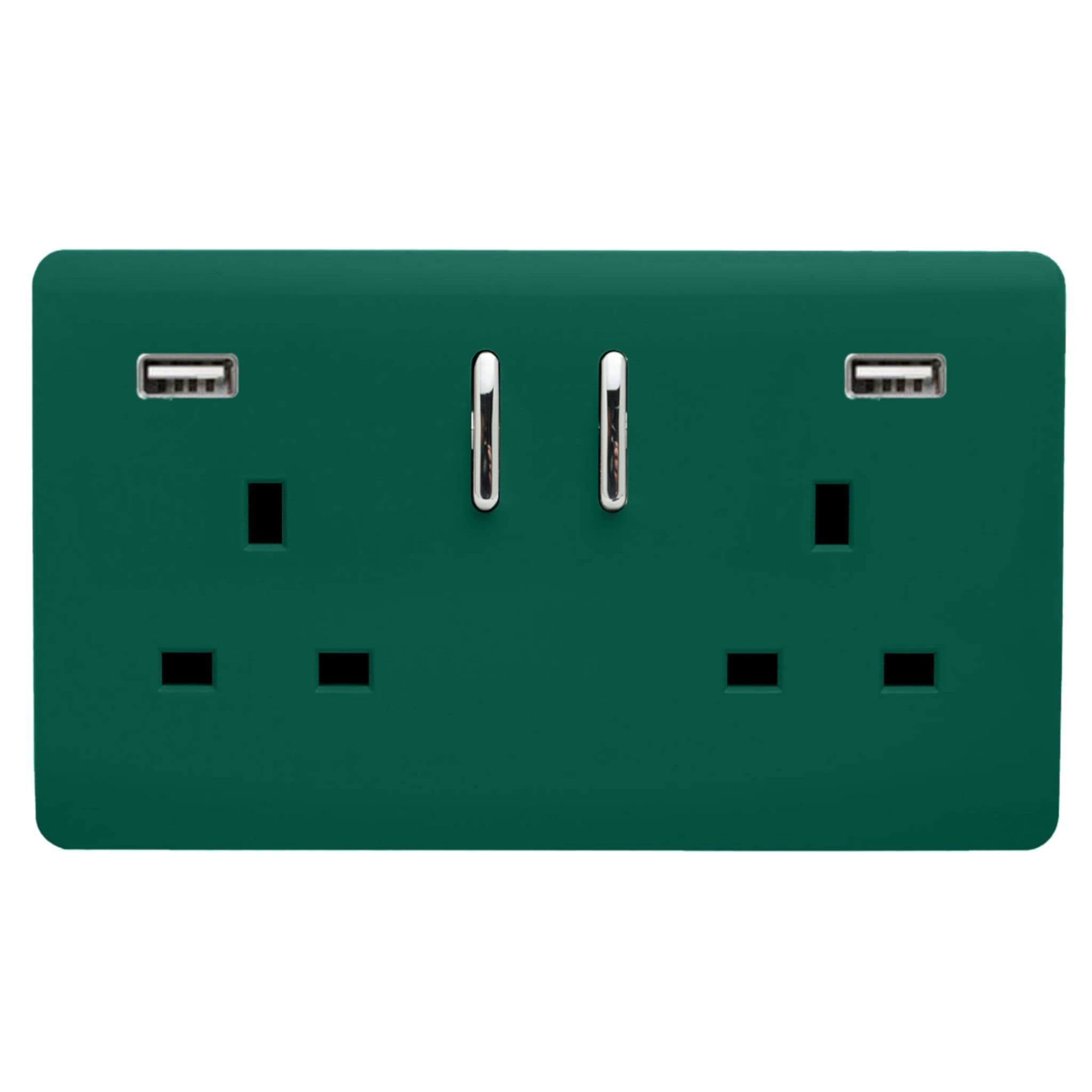 Trendi, Artistic Modern 2 Gang USB 2x3.1mAH Plug Socket Dark Green Finish, BRITISH MADE, (35mm Back Box Required), 10yrs Wrnty
