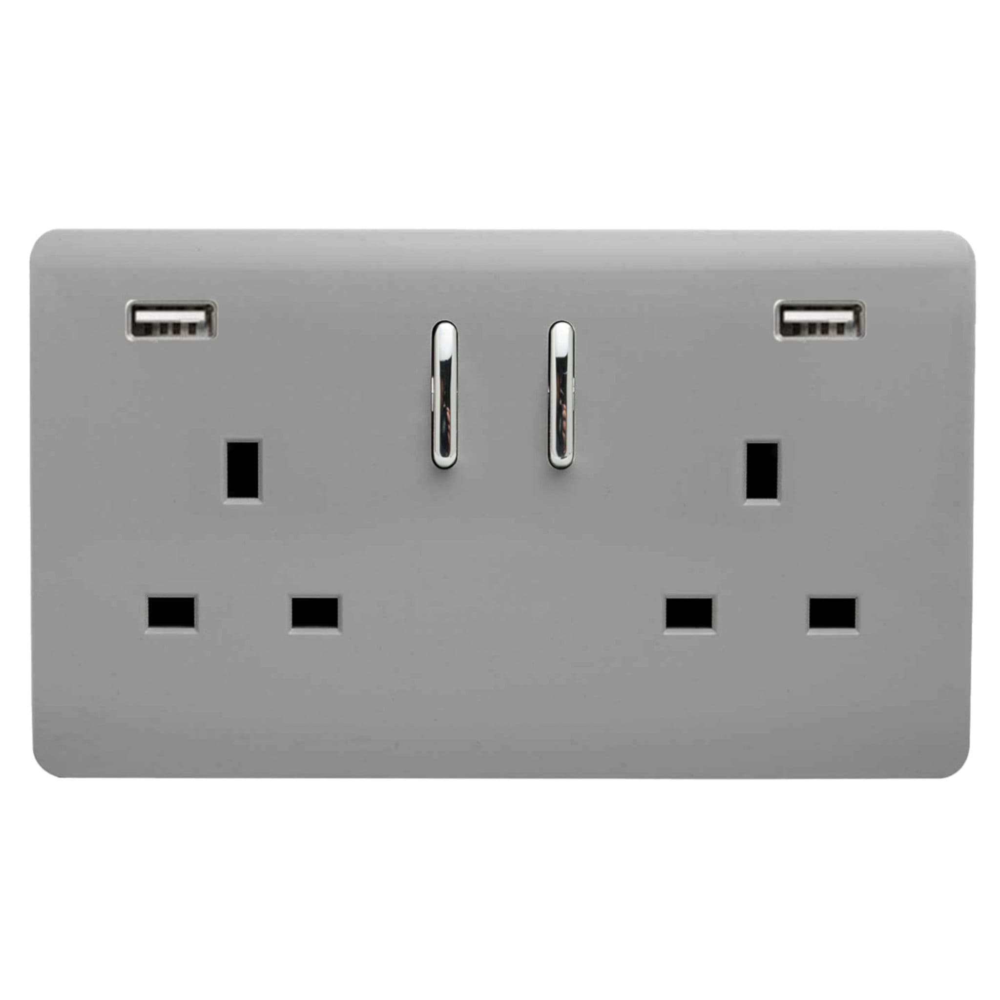 Trendi, Artistic Modern 2 Gang USB 2x3.1mAH Plug Socket Light Grey Finish, BRITISH MADE, (35mm Back Box Required), 10yrs Wrnty
