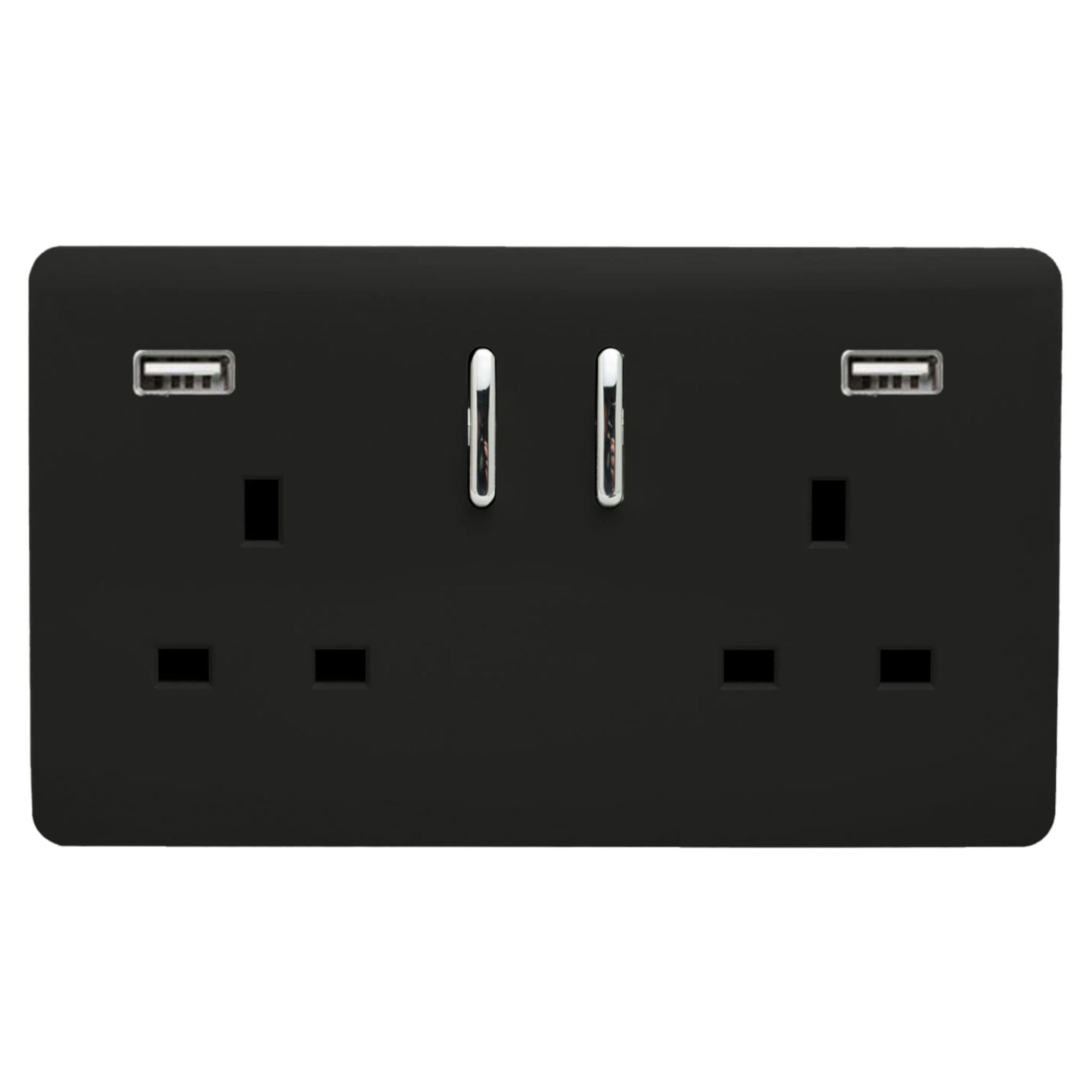 Matt Black Screwless 2 Gang Switched Double Socket 13A With 2 x USB-A 15W (Shared), (35mm Back Box Req.), 10yrs Warranty