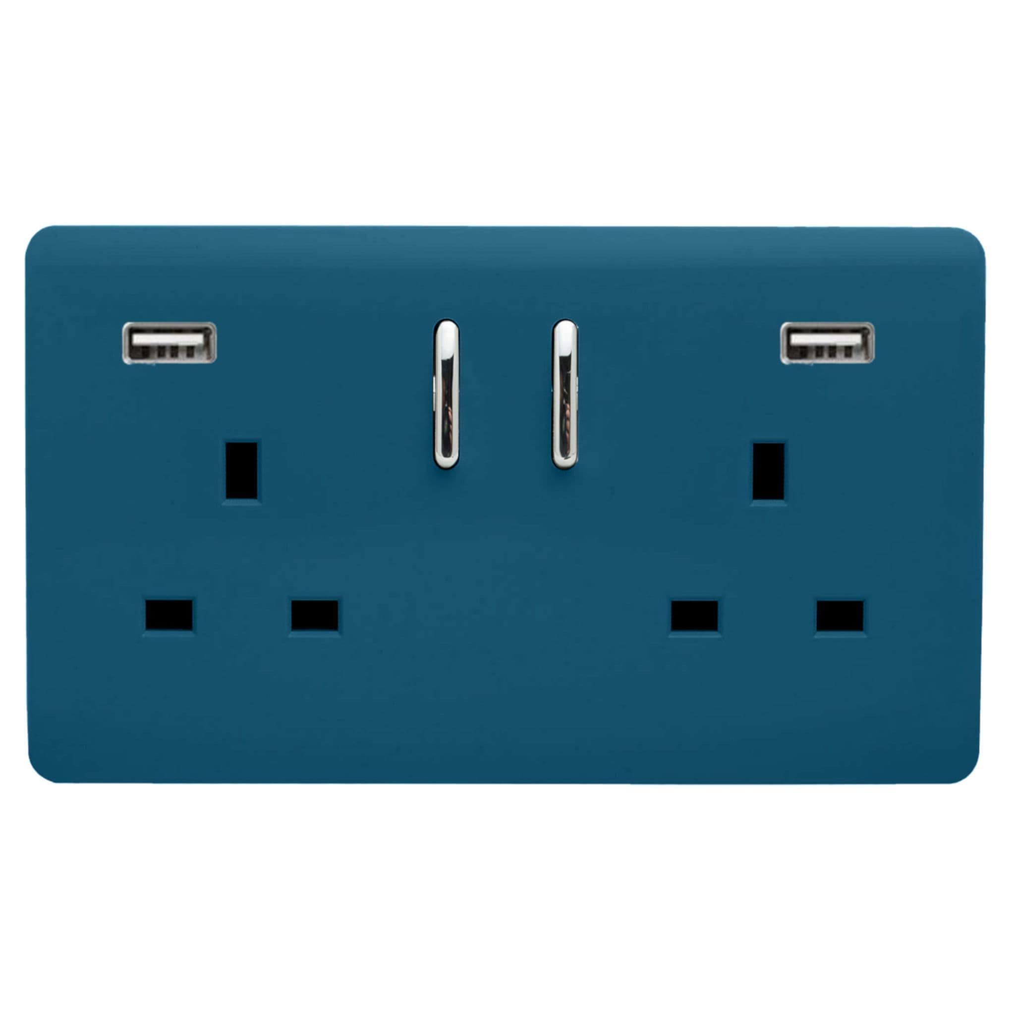 Trendi, Artistic Modern 2 Gang USB 2x3.1mAH Plug Socket Midnight Blue Finish, BRITISH MADE, (35mm Back Box Required), 10yrs Wrnty