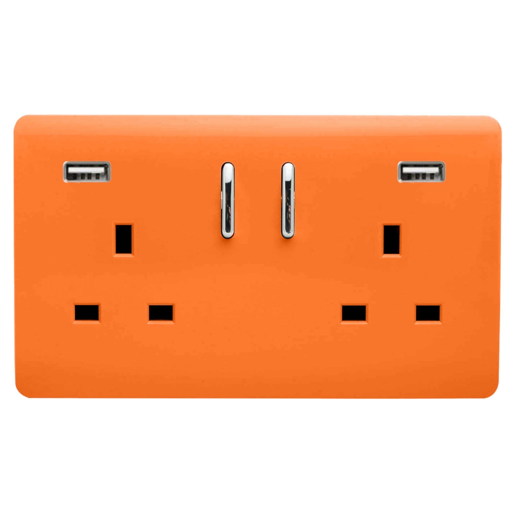 Trendi, Artistic Modern 2 Gang USB 2x3.1mAH Plug Socket Orange Finish, BRITISH MADE, (35mm Back Box Required), 10yrs Wrnty
