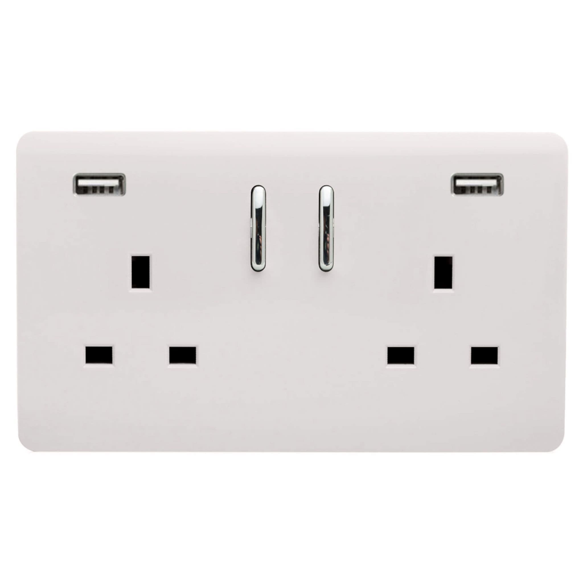 Trendi, Artistic Modern 2 Gang USB 2x3.1mAH Plug Socket Ice White Finish, BRITISH MADE, (35mm Back Box Required), 10yrs Wrnty