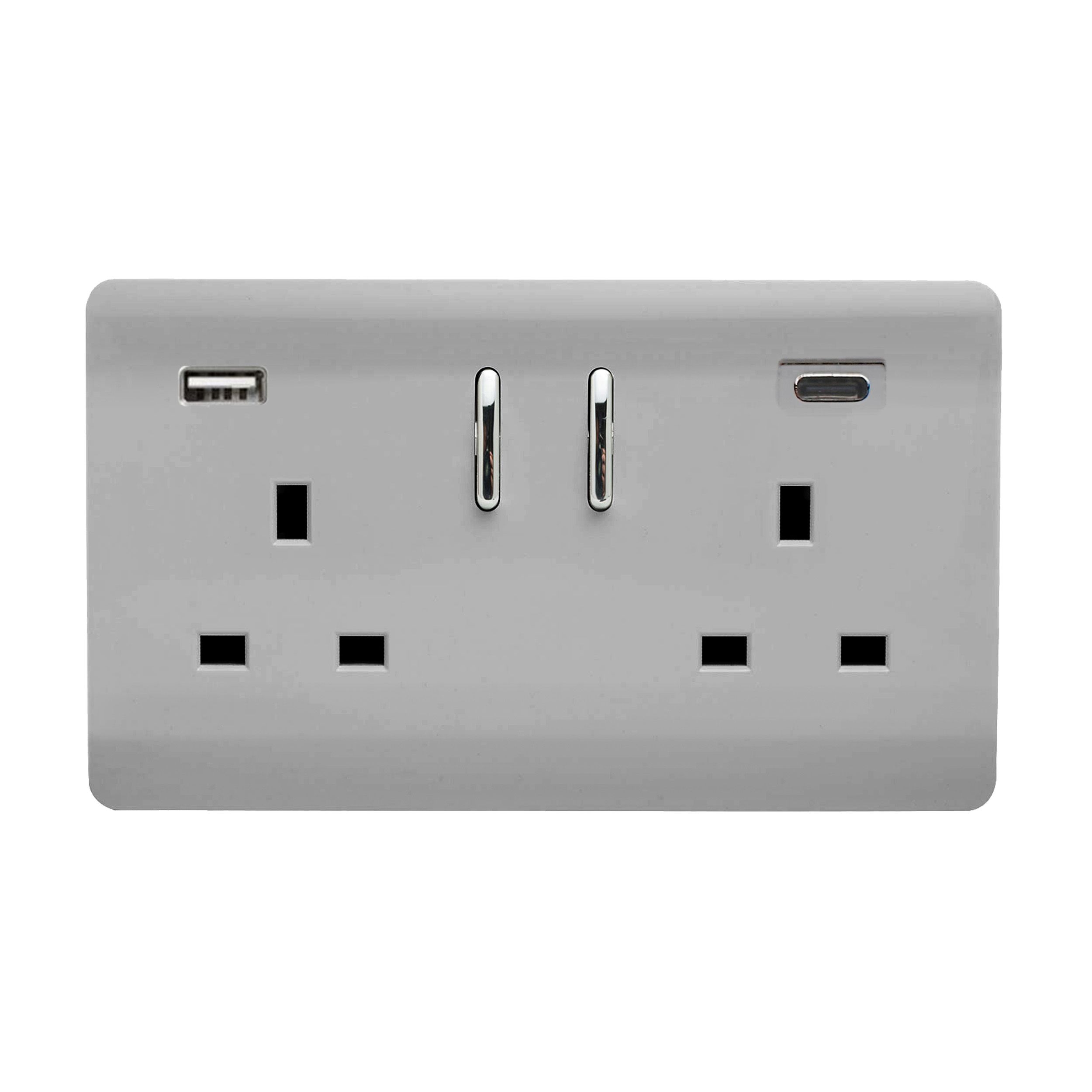Trendi, Artistic Modern 2 Gang USB 1 x Type A & 1 x Type C 3.1mAh Plug Socket Brushed Steel Finish, BRITISH MADE, 35mm Back Box Required, 10yrs Wrnty