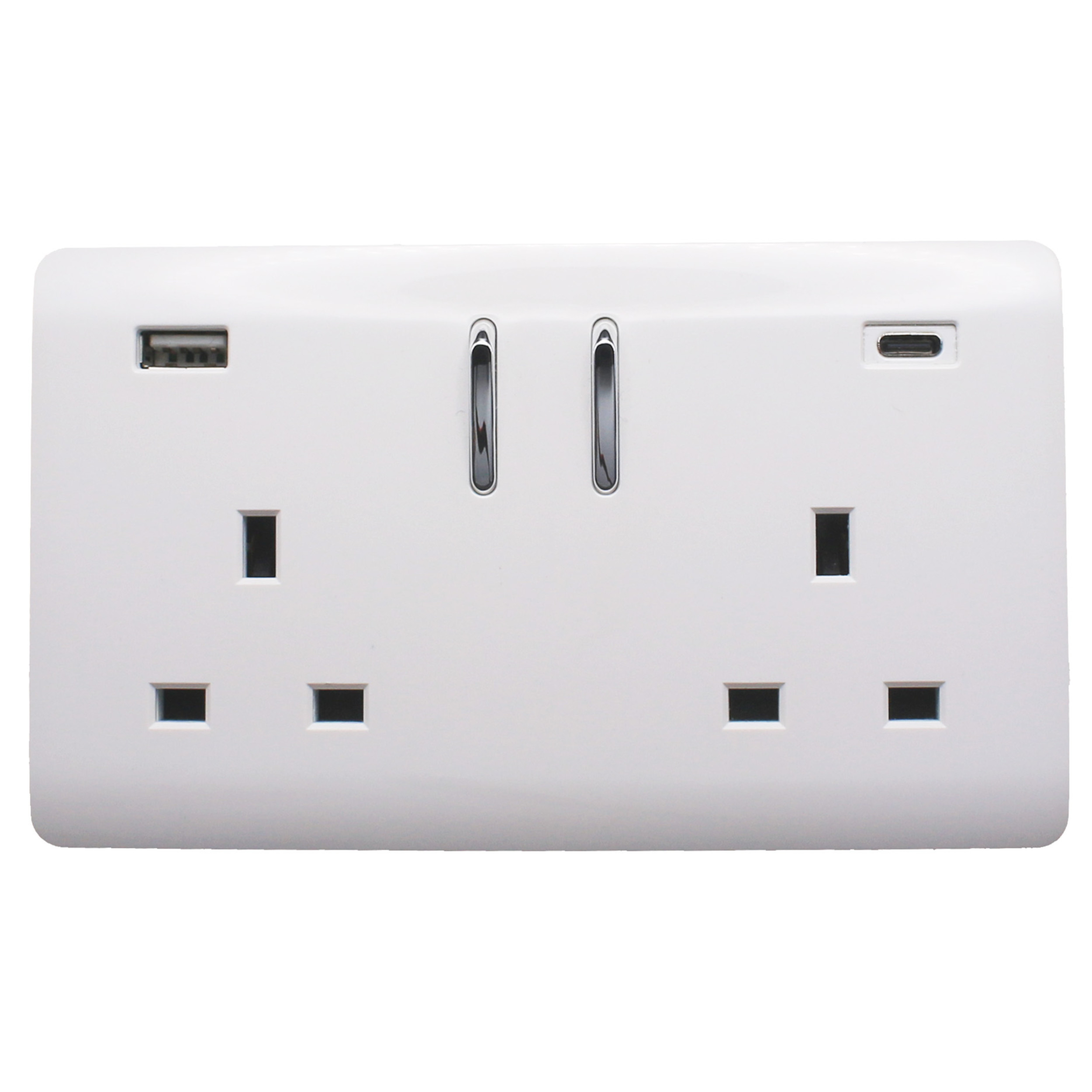 Trendi, Artistic Modern 2 Gang USB 1 x Type A & 1 x Type C 3.1mAh Plug Socket Ice White Finish, BRITISH MADE, (35mm Back Box Required), 10yrs Warranty