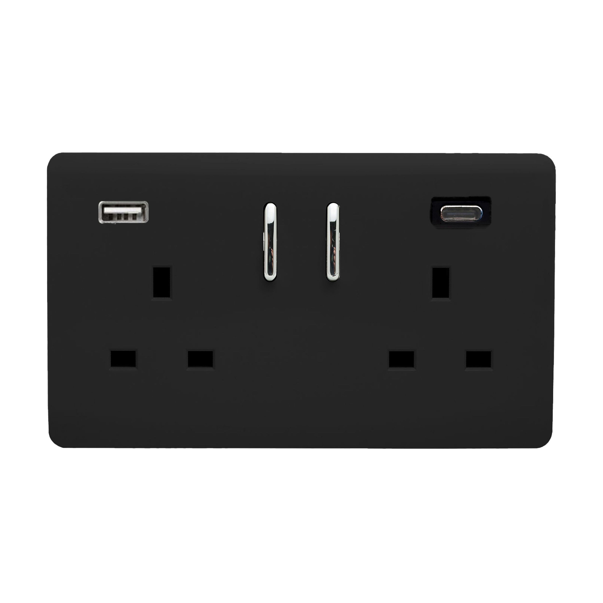 Piano Black Screwless 2 Gang Switched Double Socket 13A With 1 x USB-A & 1 x USB-C 45W (Shared), (35mm Back Box Req.), 10yrs Warranty