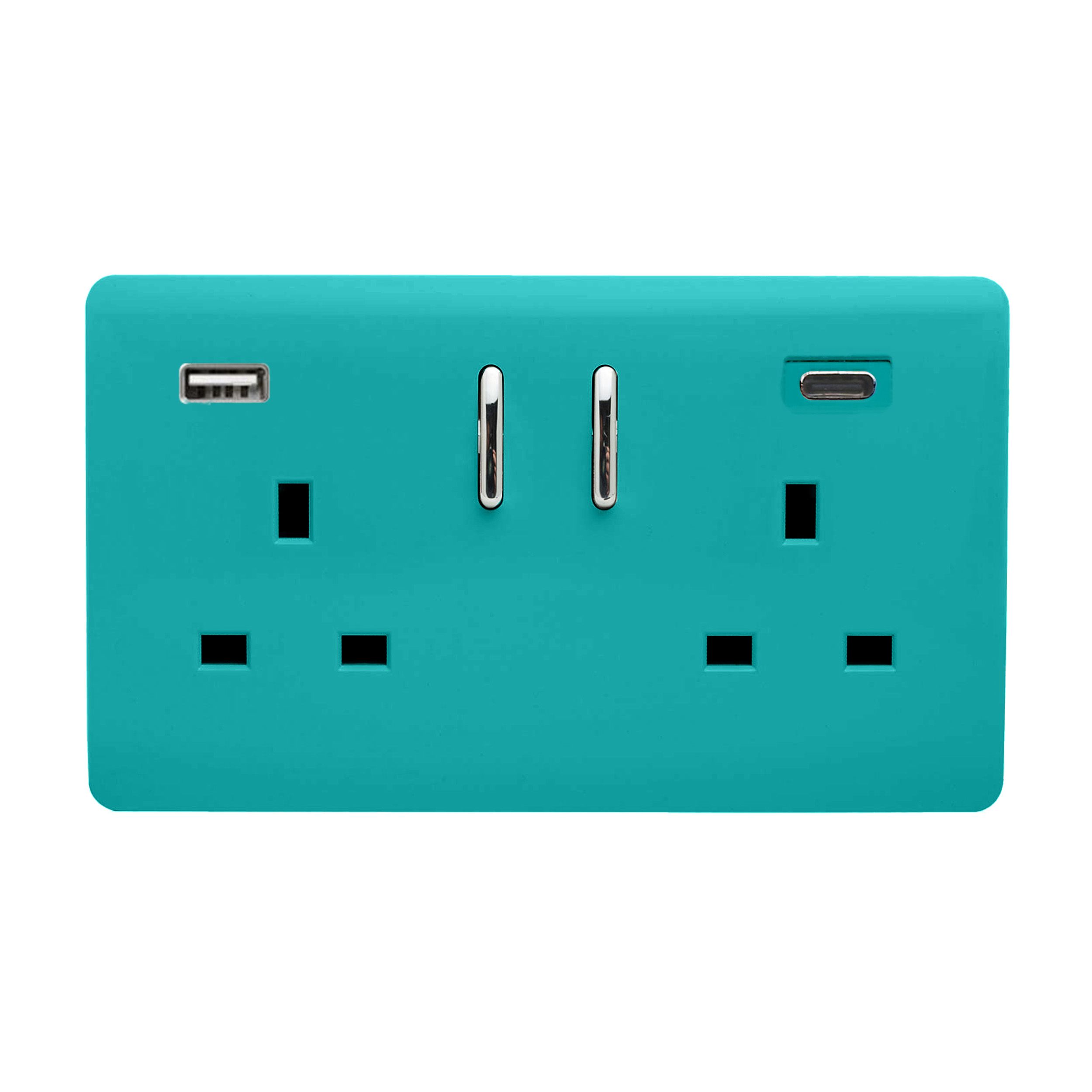 Bright Teal Screwless 2 Gang Switched Double Socket 13A With 1 x USB-A & 1 x USB-C 45W (Shared), (35mm Back Box Req.), 10yrs Warranty