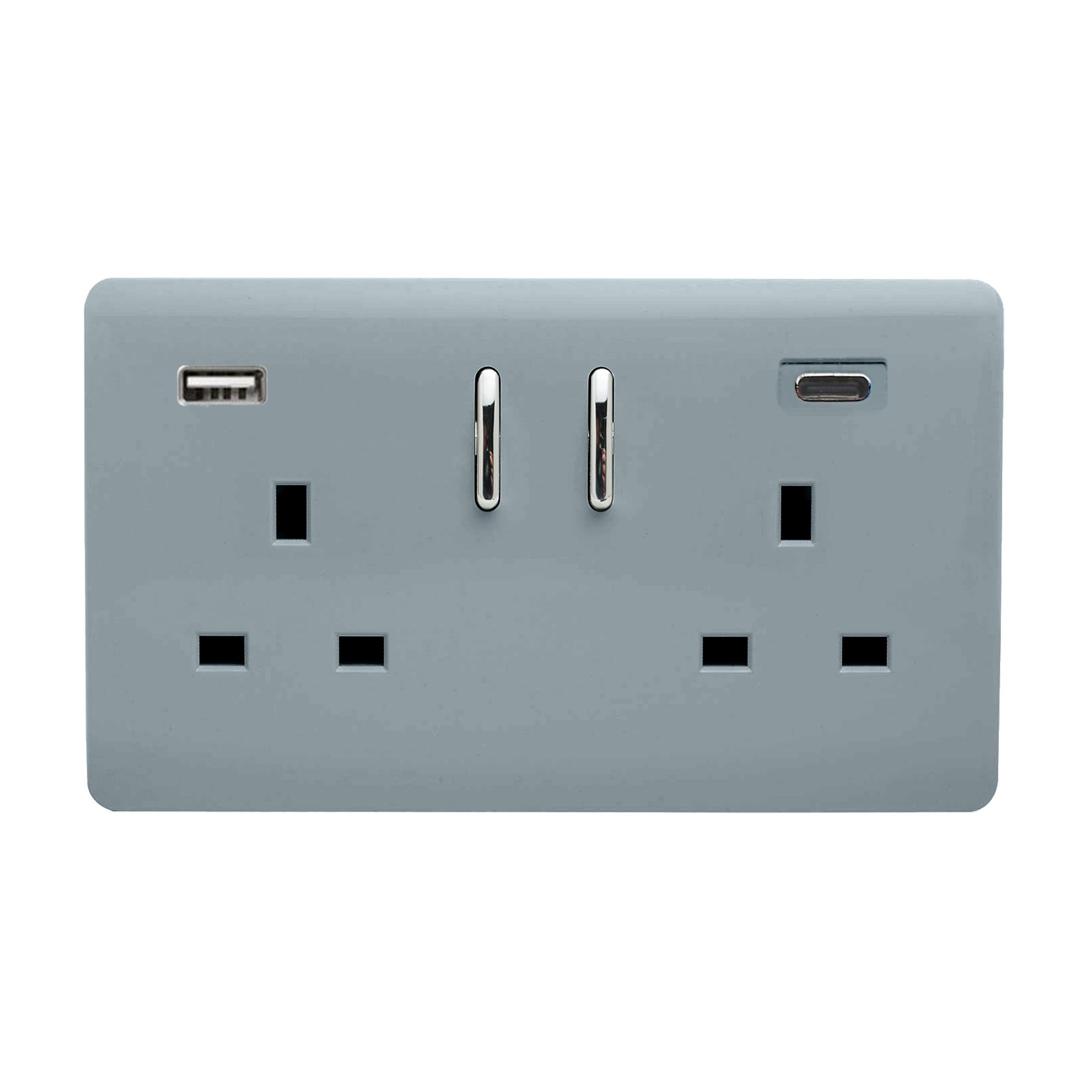 Cool Grey Screwless 2 Gang Switched Double Socket 13A With 1 x USB-A & 1 x USB-C 45W (Shared), (35mm Back Box Req.), 10yrs Warranty