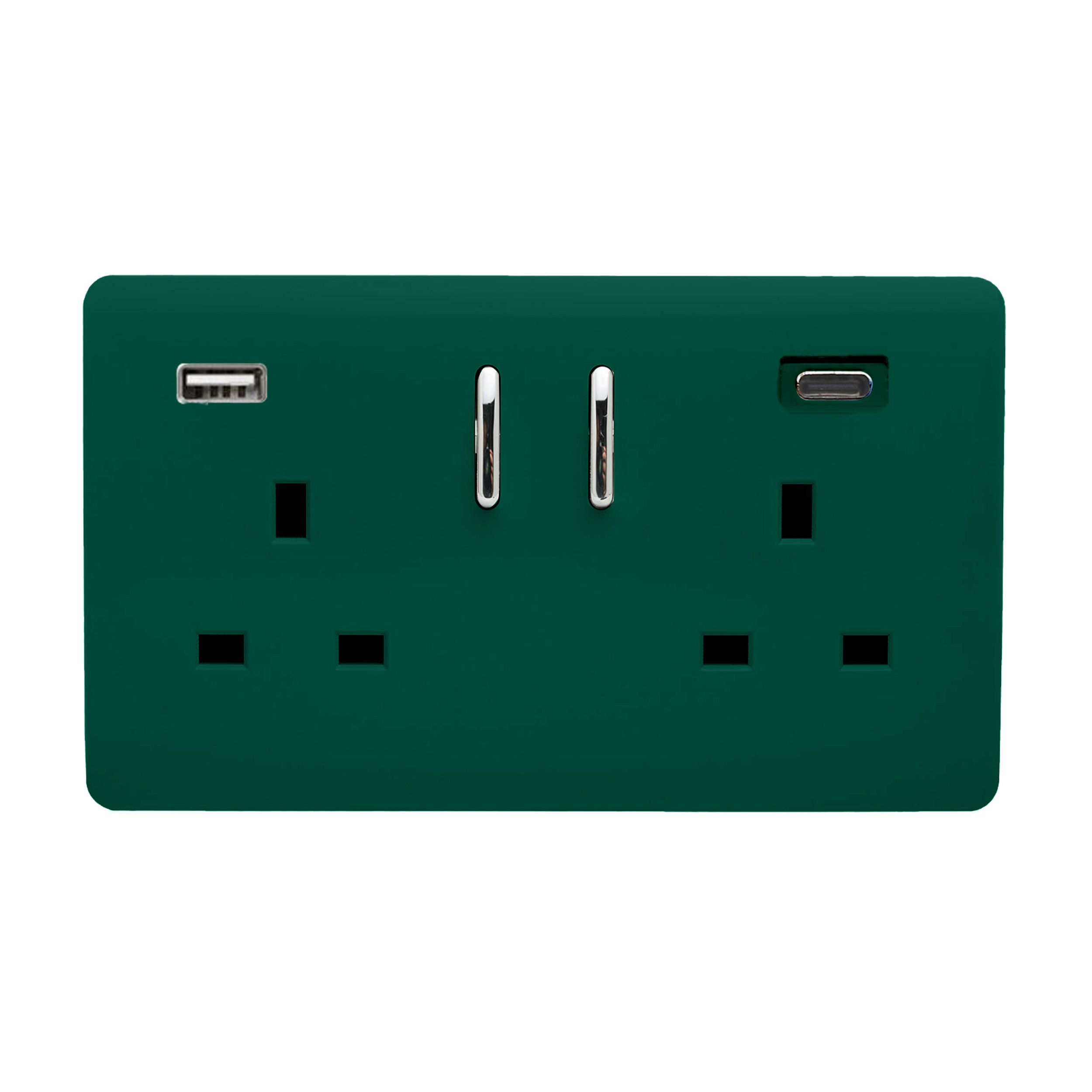 Dark Green Screwless 2 Gang Switched Double Socket 13A With 1 x USB-A & 1 x USB-C 45W (Shared), (35mm Back Box Req.), 10yrs Warranty