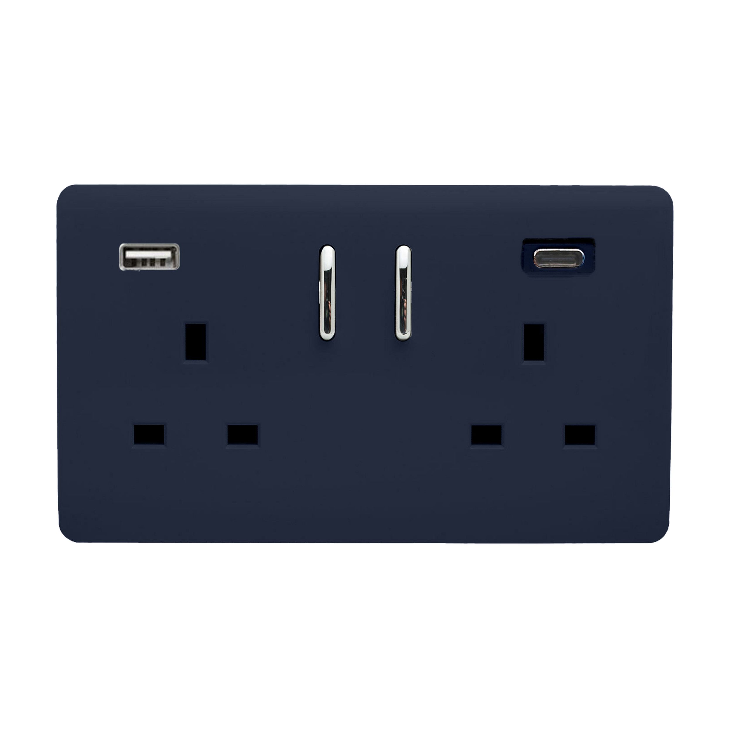 Navy Blue Screwless 2 Gang Switched Double Socket 13A With 1 x USB-A & 1 x USB-C 45W (Shared), (35mm Back Box Req.), 10yrs Warranty