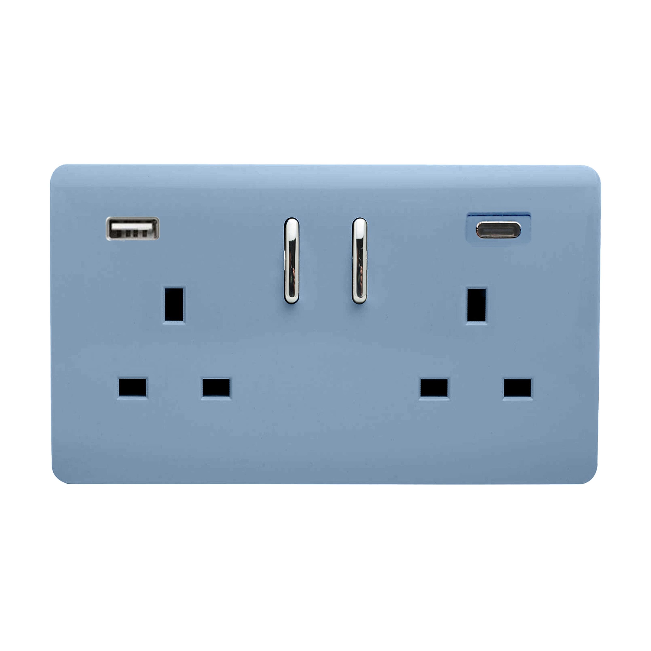 Sky Blue Screwless 2 Gang Switched Double Socket 13A With 1 x USB-A & 1 x USB-C 45W (Shared), (35mm Back Box Req.), 10yrs Warranty