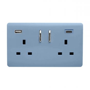 Sky Blue Screwless 2 Gang Switched Double Socket 13A With 1 x USB-A & 1 x USB-C 45W (Shared), (35mm Back Box Req.), 10yrs Warranty