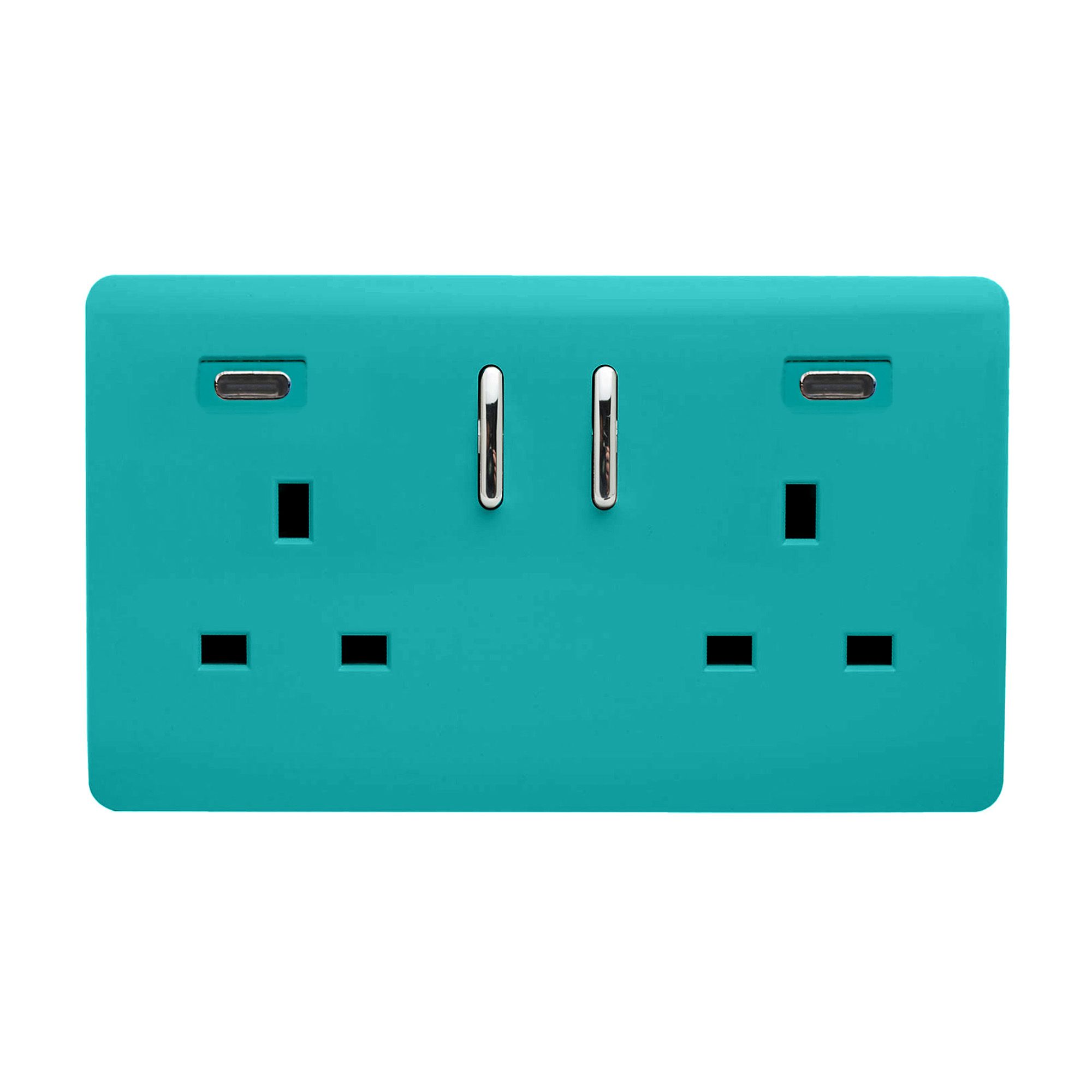 Bright Teal Screwless 2 Gang Switched Double Socket 13A With 2 x USB-C 45W (Shared), (35mm Back Box Req.), 10yrs Warranty