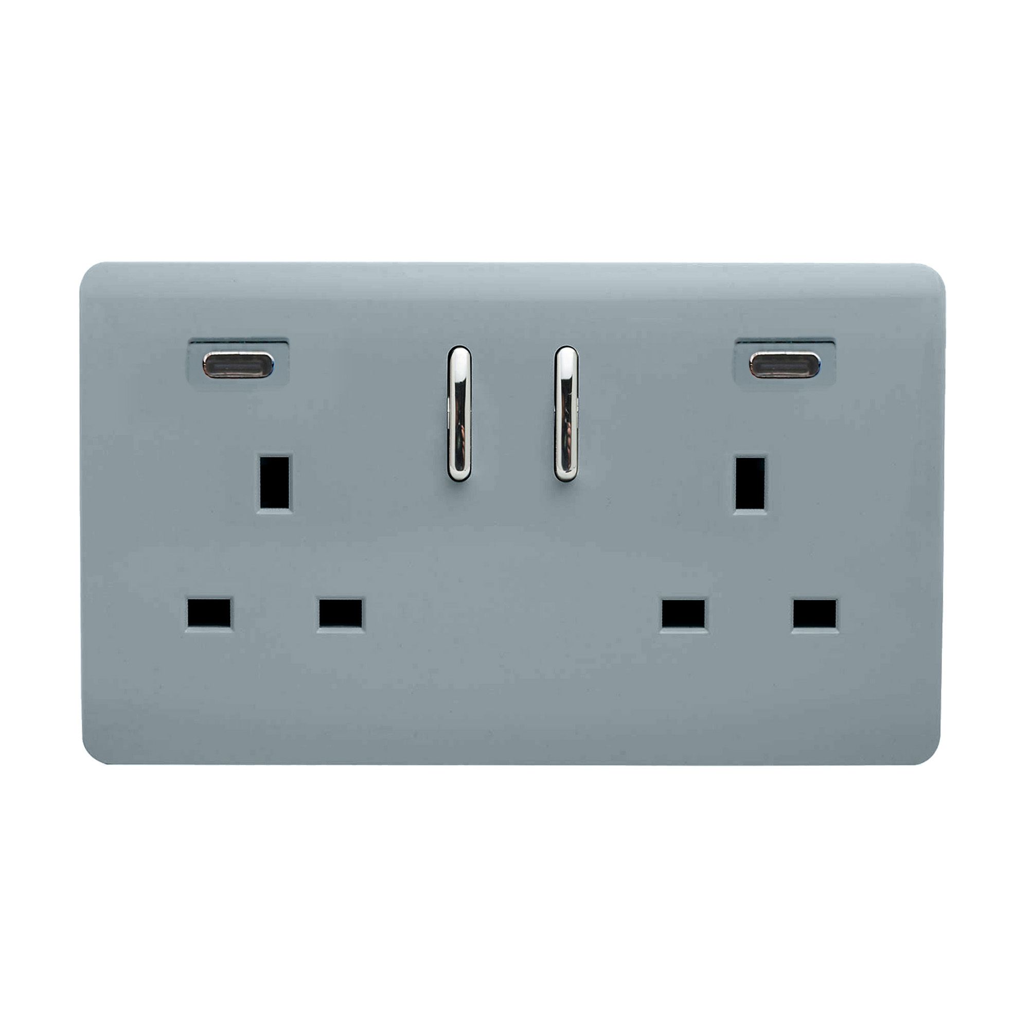 Cool Grey Screwless 2 Gang Switched Double Socket 13A With 2 x USB-C 45W (Shared), (35mm Back Box Req.), 10yrs Warranty