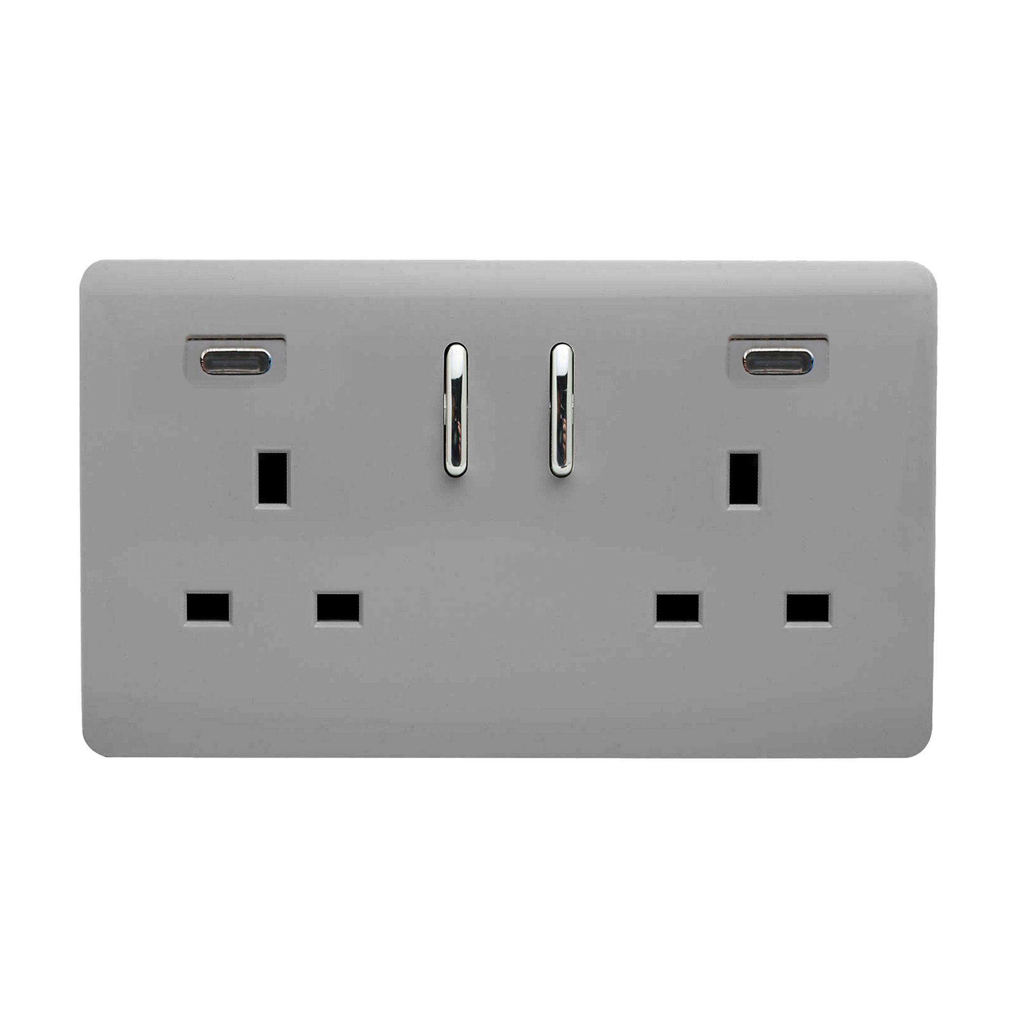 Light Grey Screwless 2 Gang Switched Double Socket 13A With 2 x USB-C 45W (Shared), (35mm Back Box Req.), 10yrs Warranty