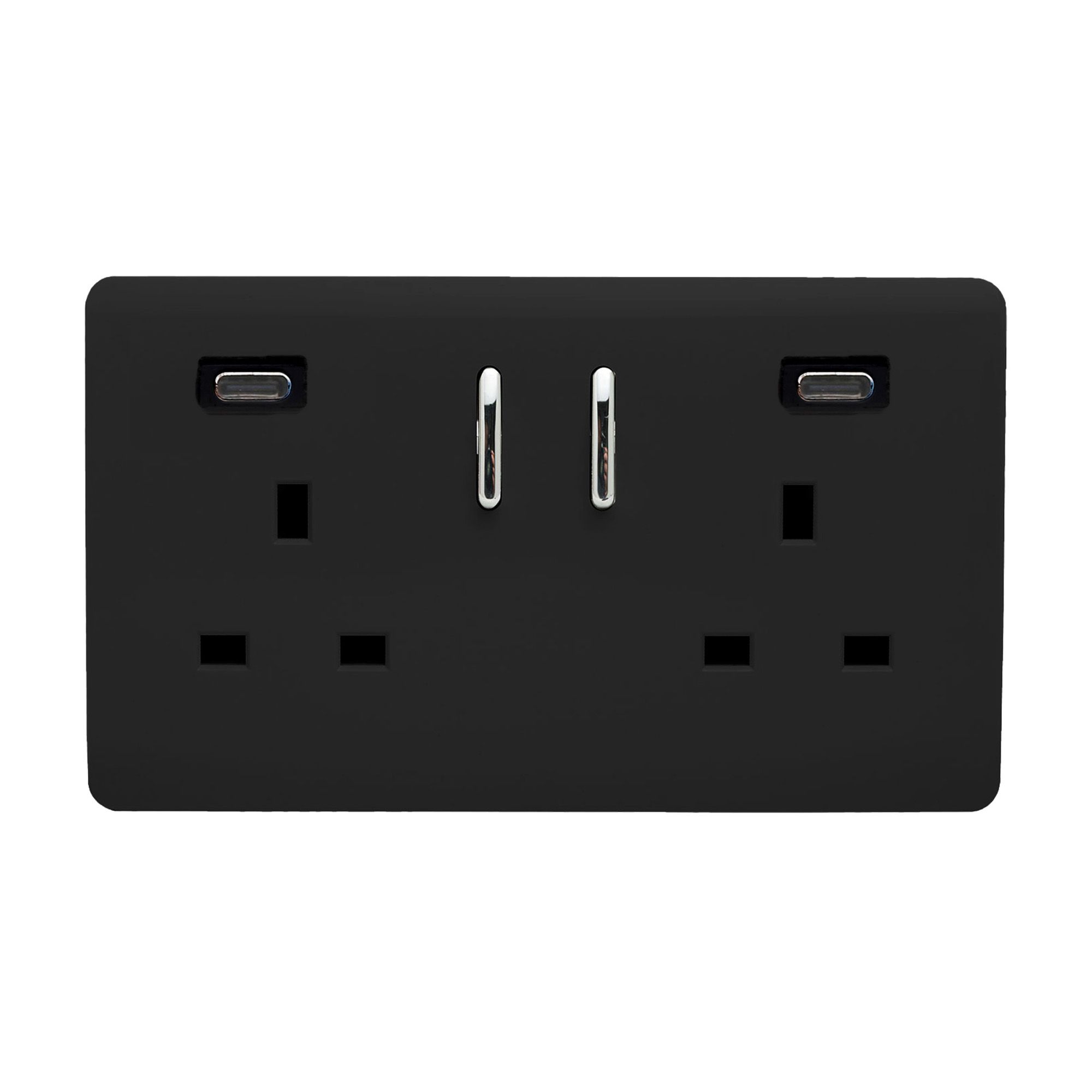 Matt Black Screwless 2 Gang Switched Double Socket 13A With 2 x USB-C 45W (Shared), (35mm Back Box Req.), 10yrs Warranty