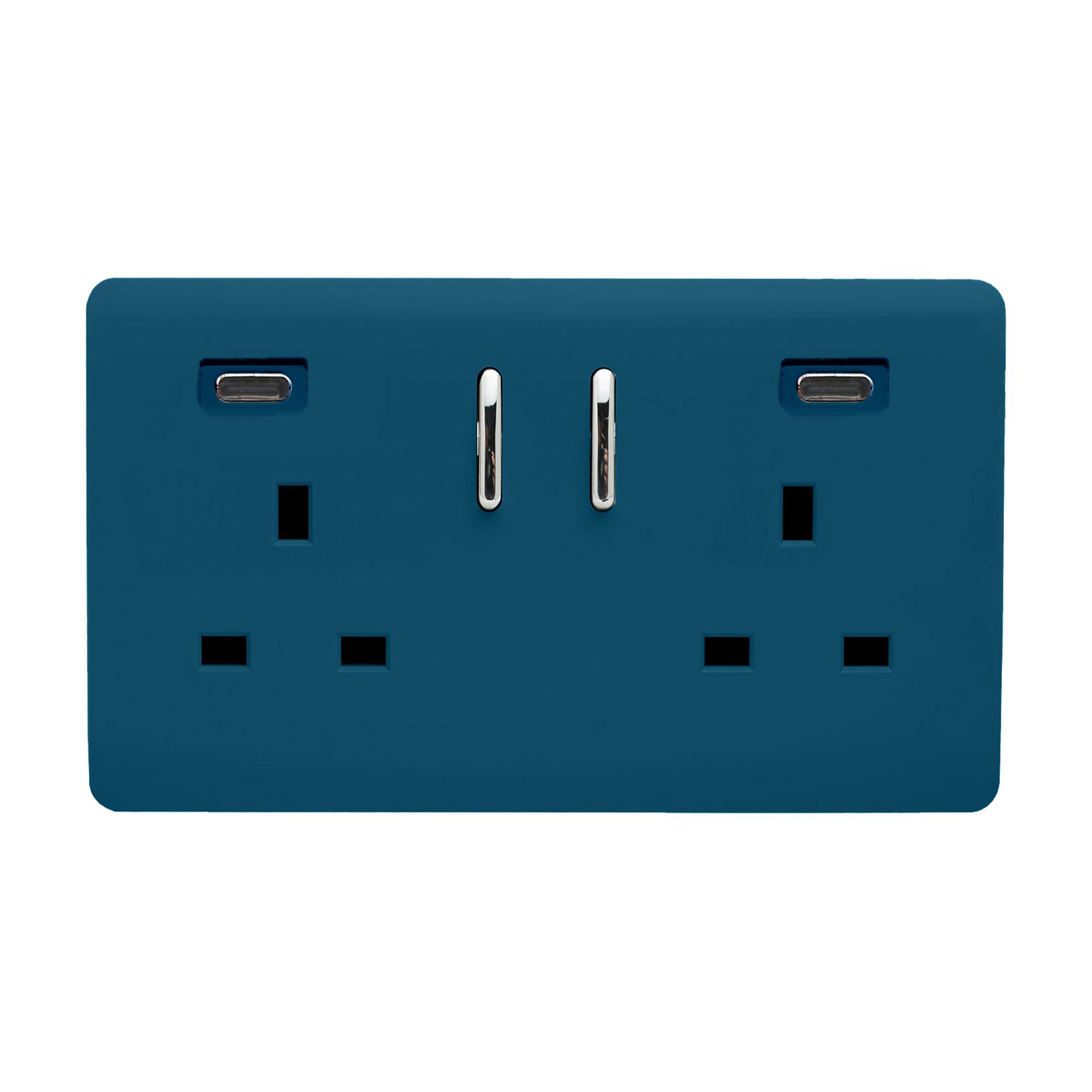 Midnight Blue Screwless 2 Gang Switched Double Socket 13A With 2 x USB-C 65W (Shared), (35mm Back Box Req.), 10yrs Warranty