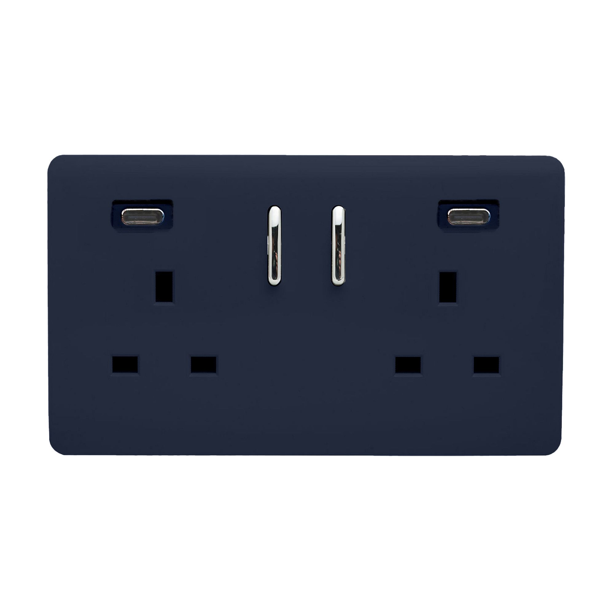 Navy Blue Screwless 2 Gang Switched Double Socket 13A With 2 x USB-C 65W (Shared), (35mm Back Box Req.), 10yrs Warranty