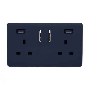 Navy Blue Screwless 2 Gang Switched Double Socket 13A With 2 x USB-C 65W (Shared), (35mm Back Box Req.), 10yrs Warranty