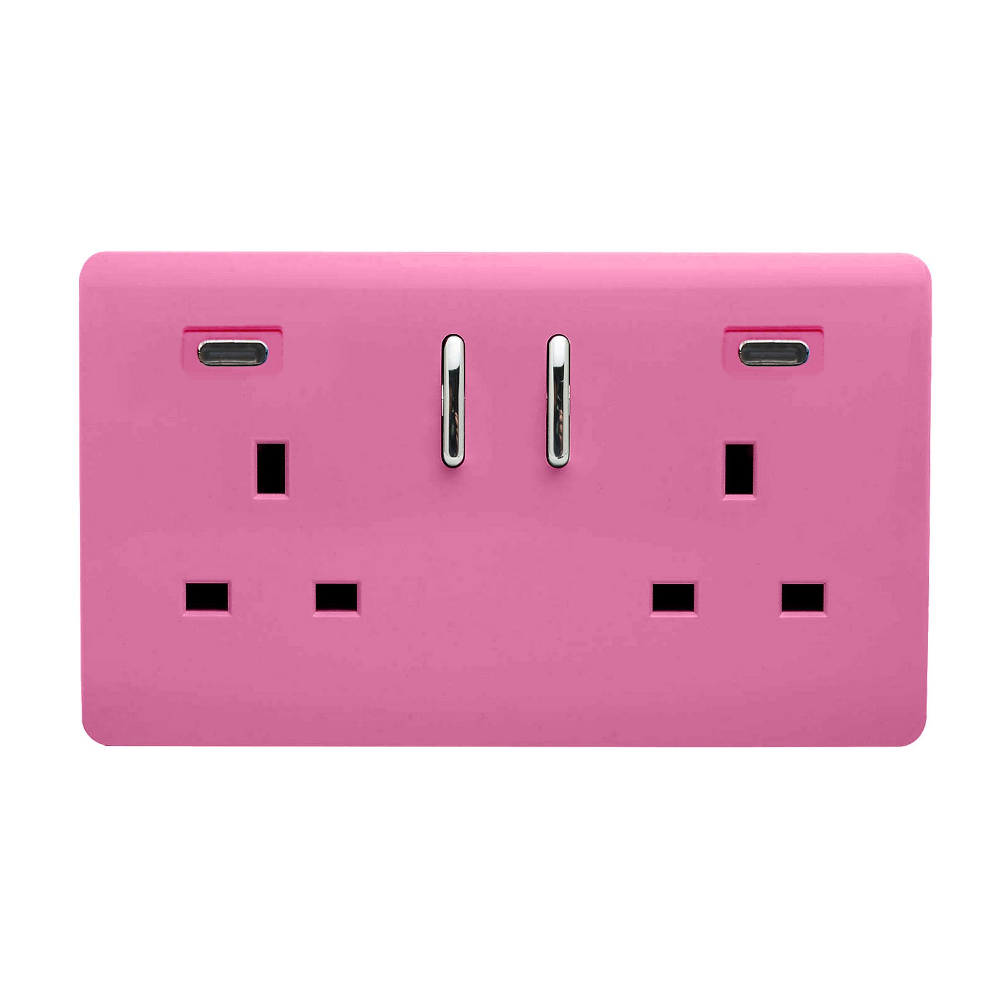 Pink Screwless 2 Gang Switched Double Socket 13A With 2 x USB-C 65W (Shared), (35mm Back Box Req.), 10yrs Warranty