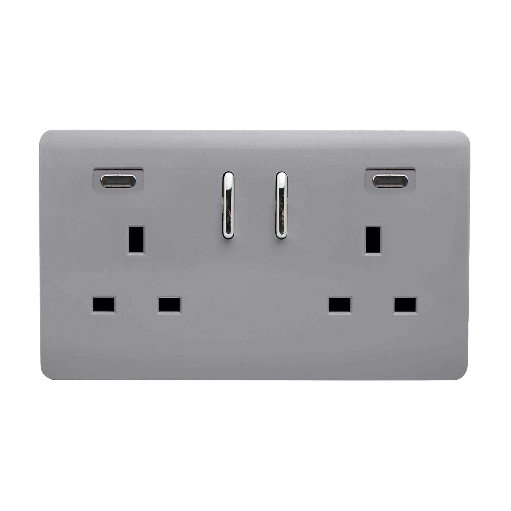 Platinum Silver Screwless 2 Gang Switched Double Socket 13A With 2 x USB-C 65W (Shared), (35mm Back Box Req.), 10yrs Warranty