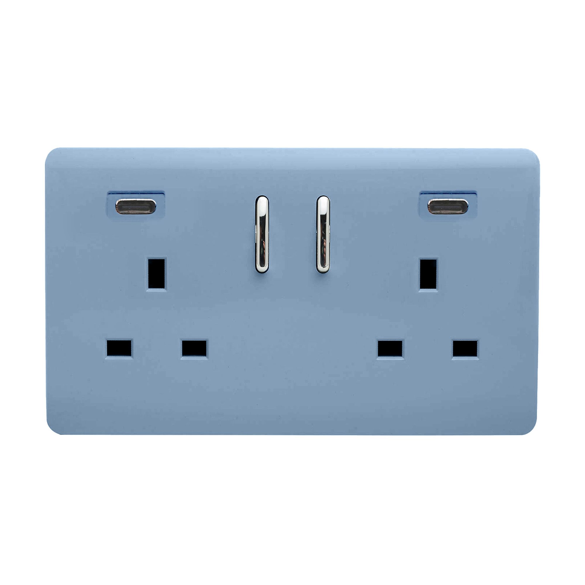 Sky Blue Screwless 2 Gang Switched Double Socket 13A With 2 x USB-C 65W (Shared), (35mm Back Box Req.), 10yrs Warranty