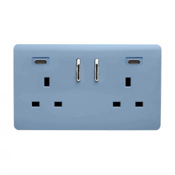 Sky Blue Screwless 2 Gang Switched Double Socket 13A With 2 x USB-C 65W (Shared), (35mm Back Box Req.), 10yrs Warranty