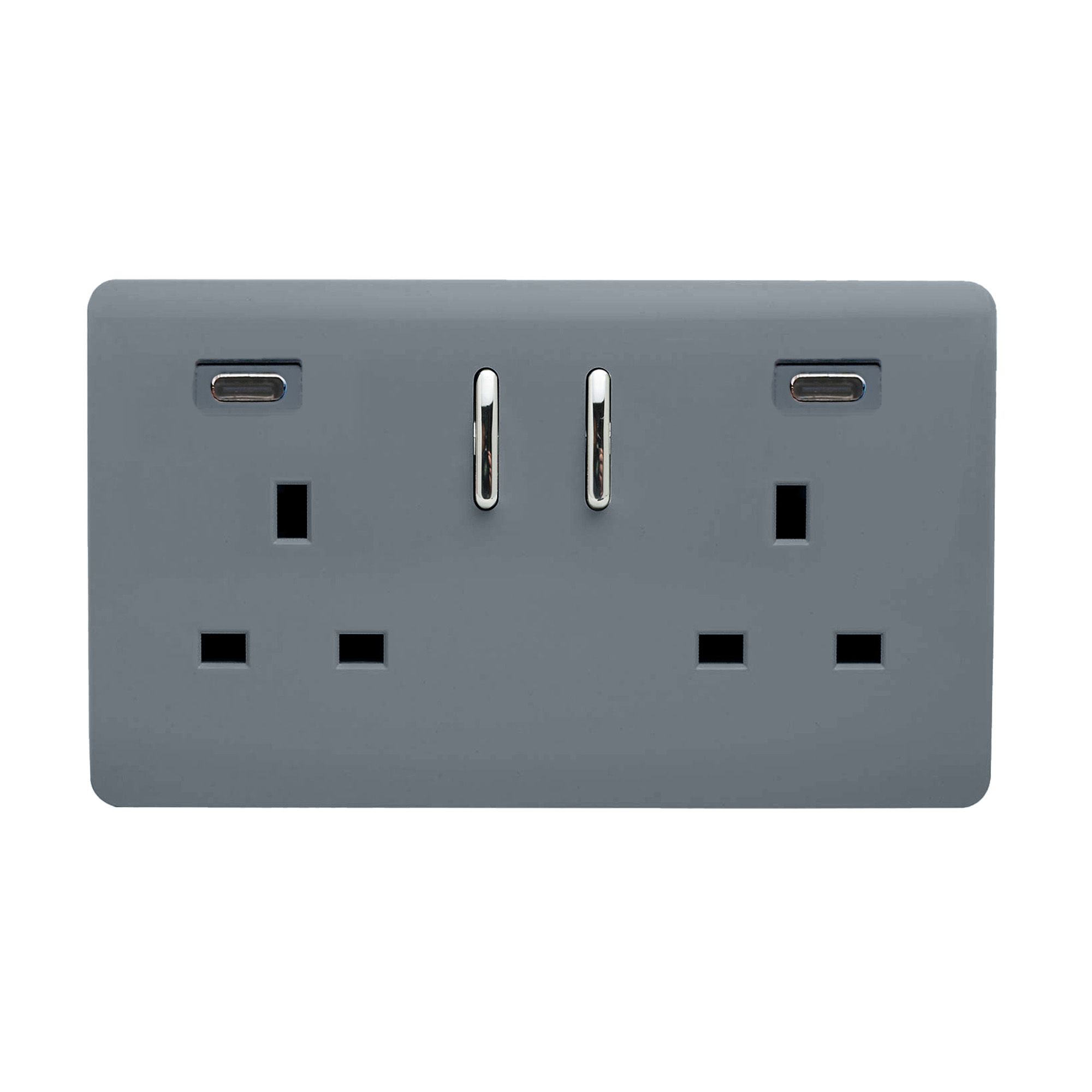Warm Grey Screwless 2 Gang Switched Double Socket 13A With 2 x USB-C 45W (Shared), (35mm Back Box Req.), 10yrs Warranty