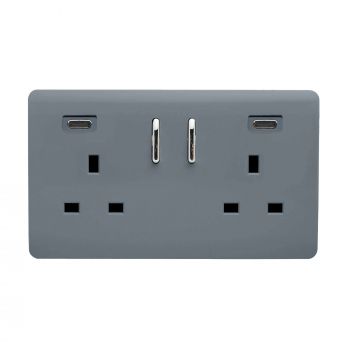 Warm Grey Screwless 2 Gang Switched Double Socket 13A With 2 x USB-C 65W (Shared), (35mm Back Box Req.), 10yrs Warranty