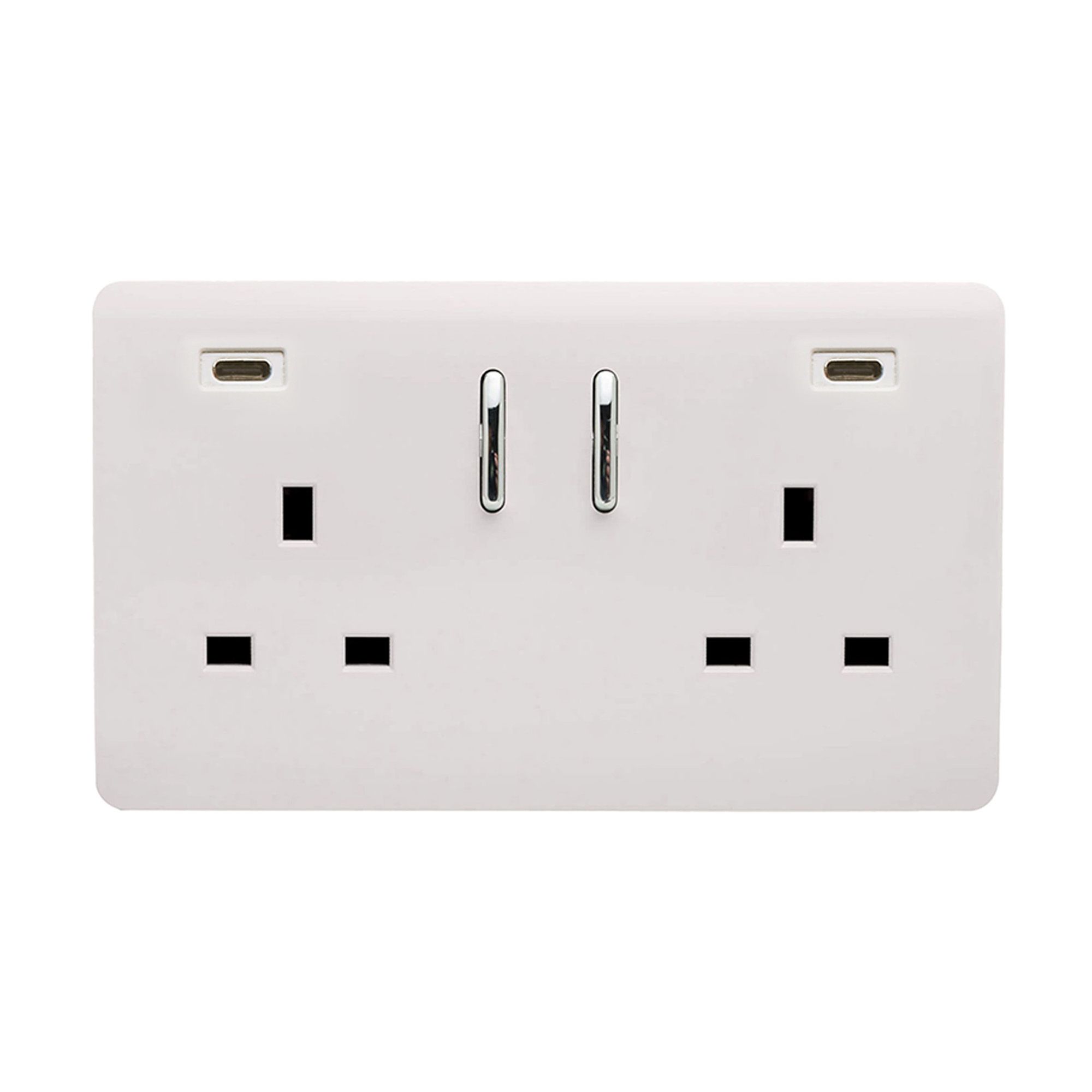 Ice White Screwless 2 Gang Switched Double Socket 13A With 2 x USB-C 65W (Shared), (35mm Back Box Req.), 10yrs Warranty