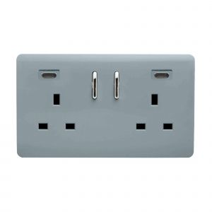 Cool Grey Screwless 2 Gang Switched Double Socket 13A With 2 x USB-C 24W (Shared), (35mm Back Box Req.), 10yrs Warranty