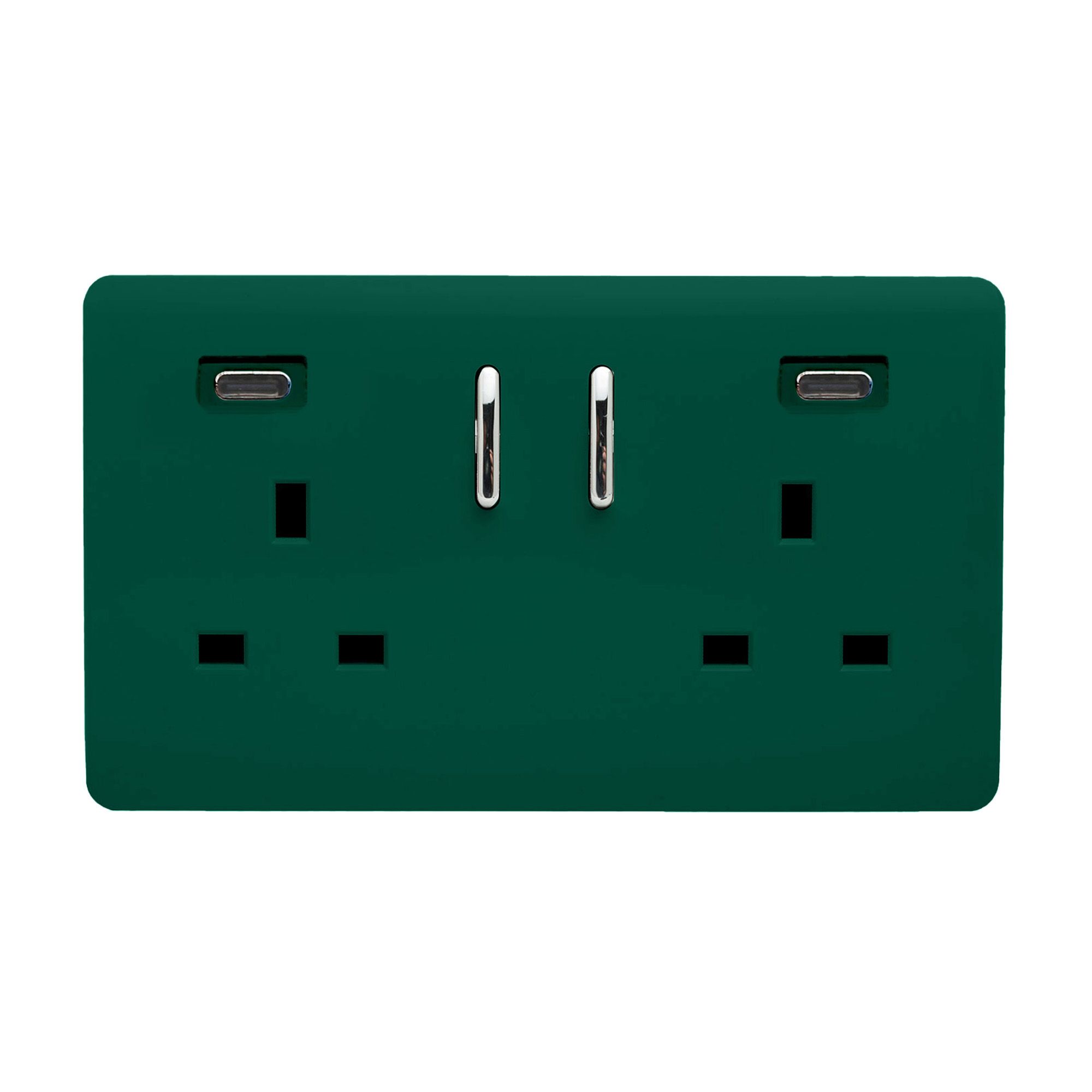 Dark Green Screwless 2 Gang Switched Double Socket 13A With 2 x USB-C 24W (Shared), (35mm Back Box Req.), 10yrs Warranty