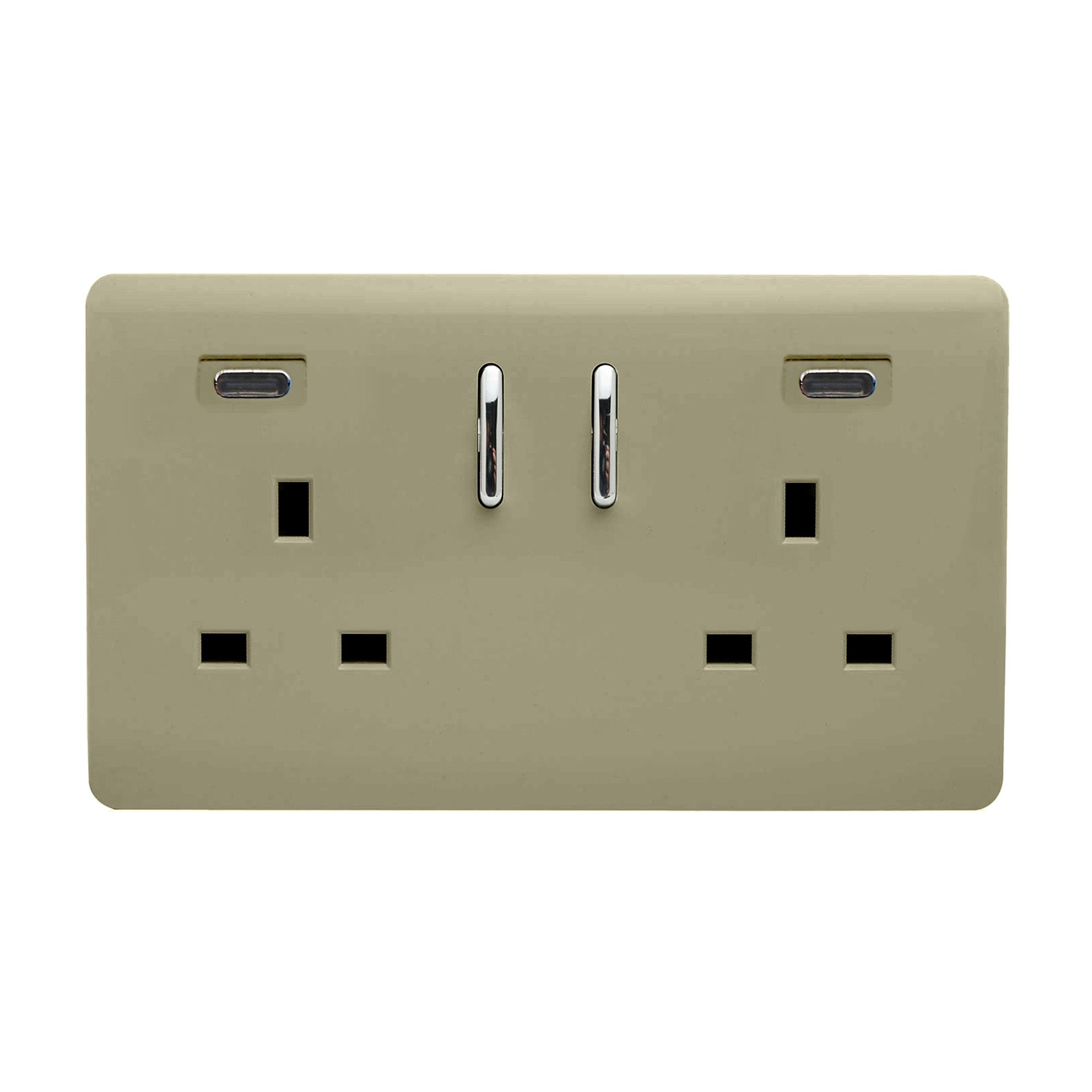 Champagne Gold Screwless 2 Gang Switched Double Socket 13A With 2 x USB-C 24W (Shared), (35mm Back Box Req.), 10yrs Warranty