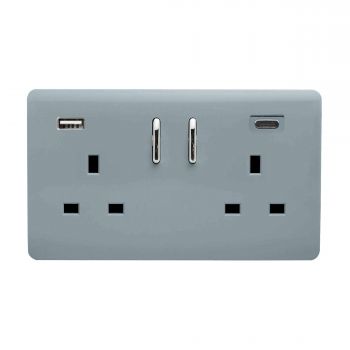 Cool Grey Screwless 2 Gang Switched Double Socket 13A With 1 x USB-A & 1 x USB-C 65W (Shared), (35mm Back Box Req.), 10yrs Warranty