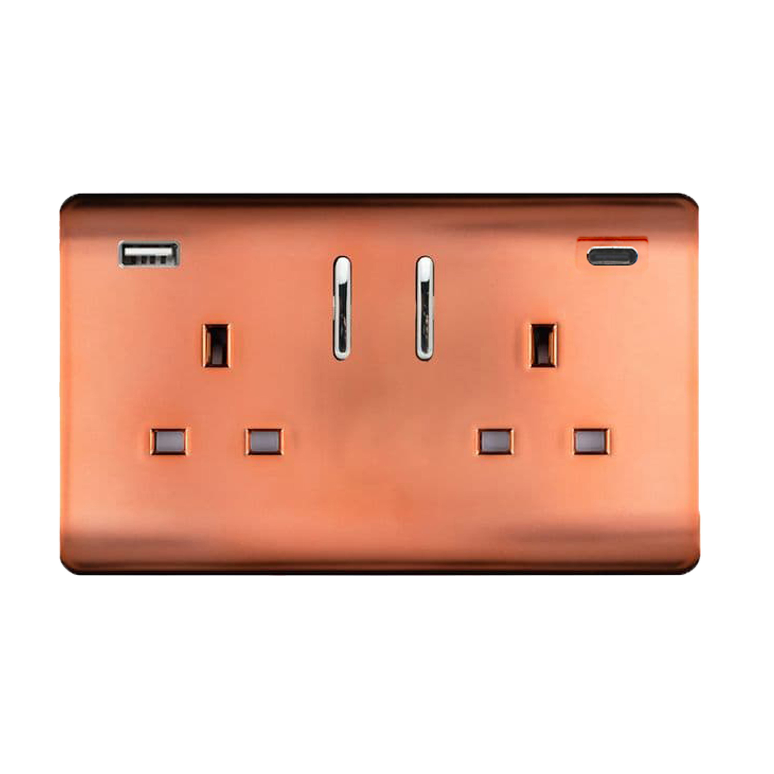 Copper Screwless 2 Gang Switched Double Socket 13A With 1 x USB-A & 1 x USB-C 65W (Shared), (35mm Back Box Req.), 10yrs Warranty