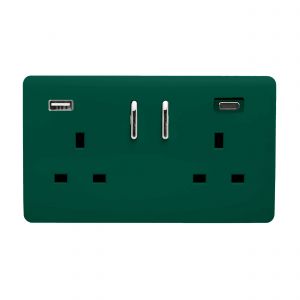 Dark Green Screwless 2 Gang Switched Double Socket 13A With 1 x USB-A & 1 x USB-C 65W (Shared), (35mm Back Box Req.), 10yrs Warranty