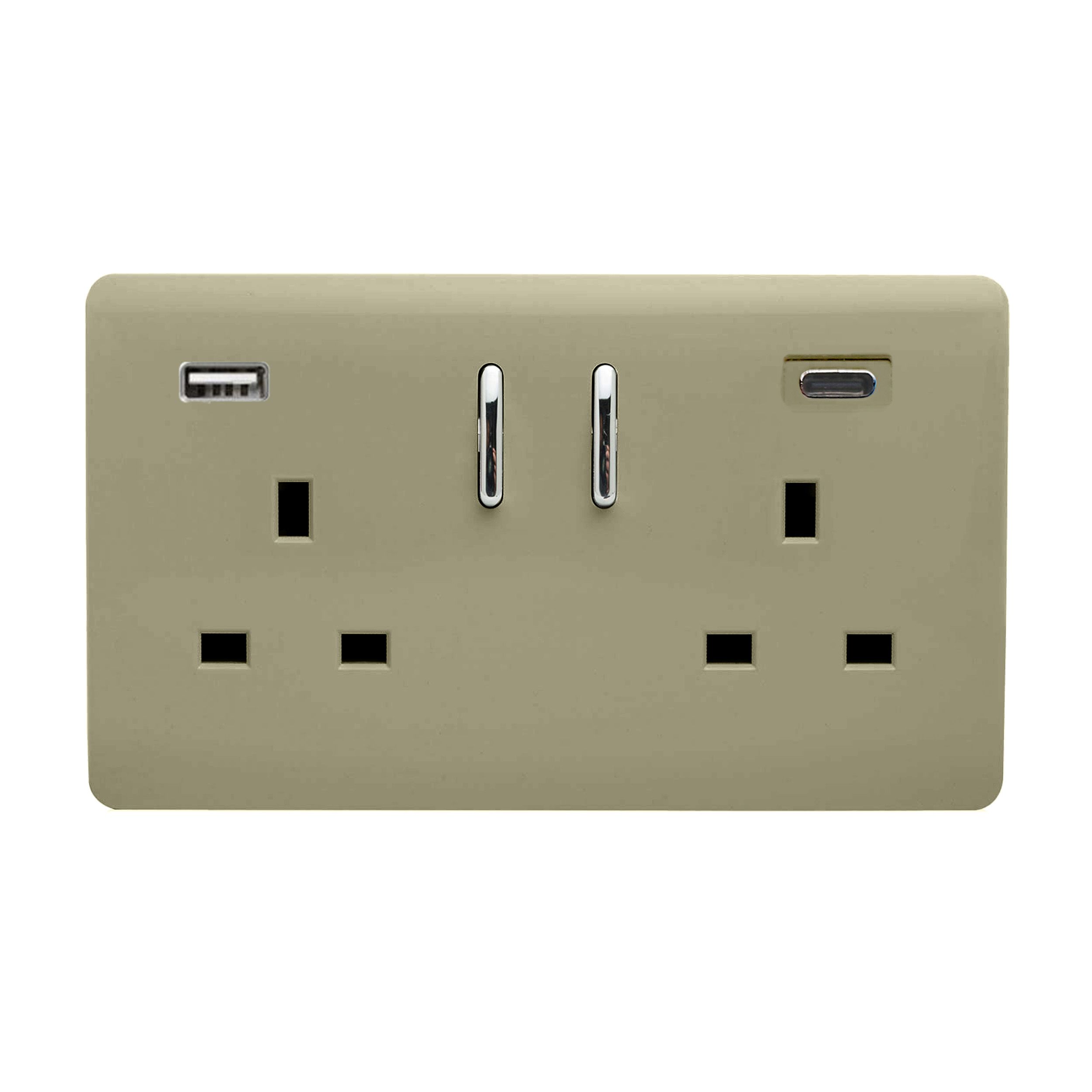 Champagne Gold Screwless 2 Gang Switched Double Socket 13A With 1 x USB-A & 1 x USB-C 65W (Shared), (35mm Back Box Req.), 10yrs Warranty