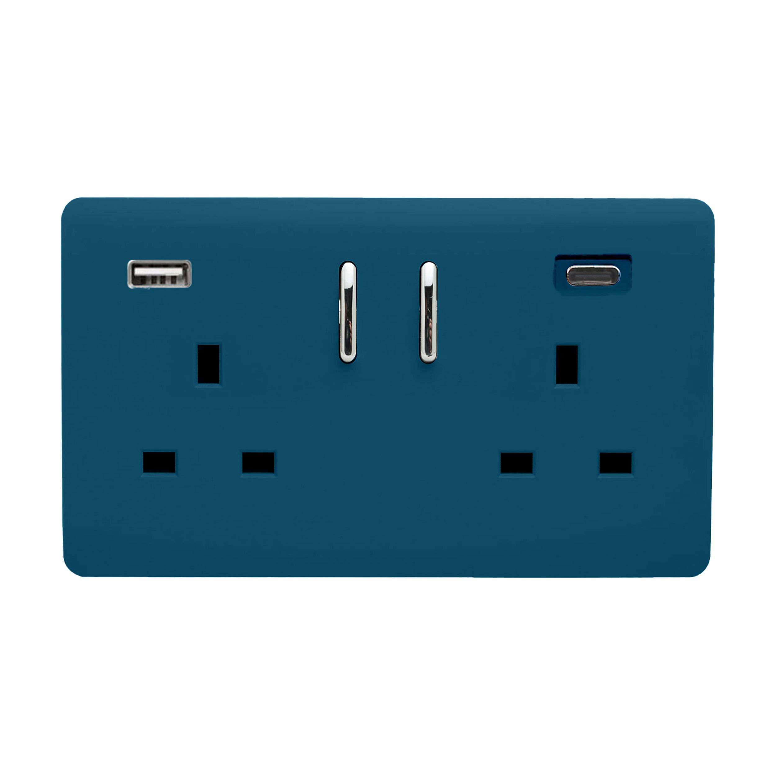 Midnight Blue Screwless 2 Gang Switched Double Socket 13A With 1 x USB-A & 1 x USB-C 65W (Shared), (35mm Back Box Req.), 10yrs Warranty