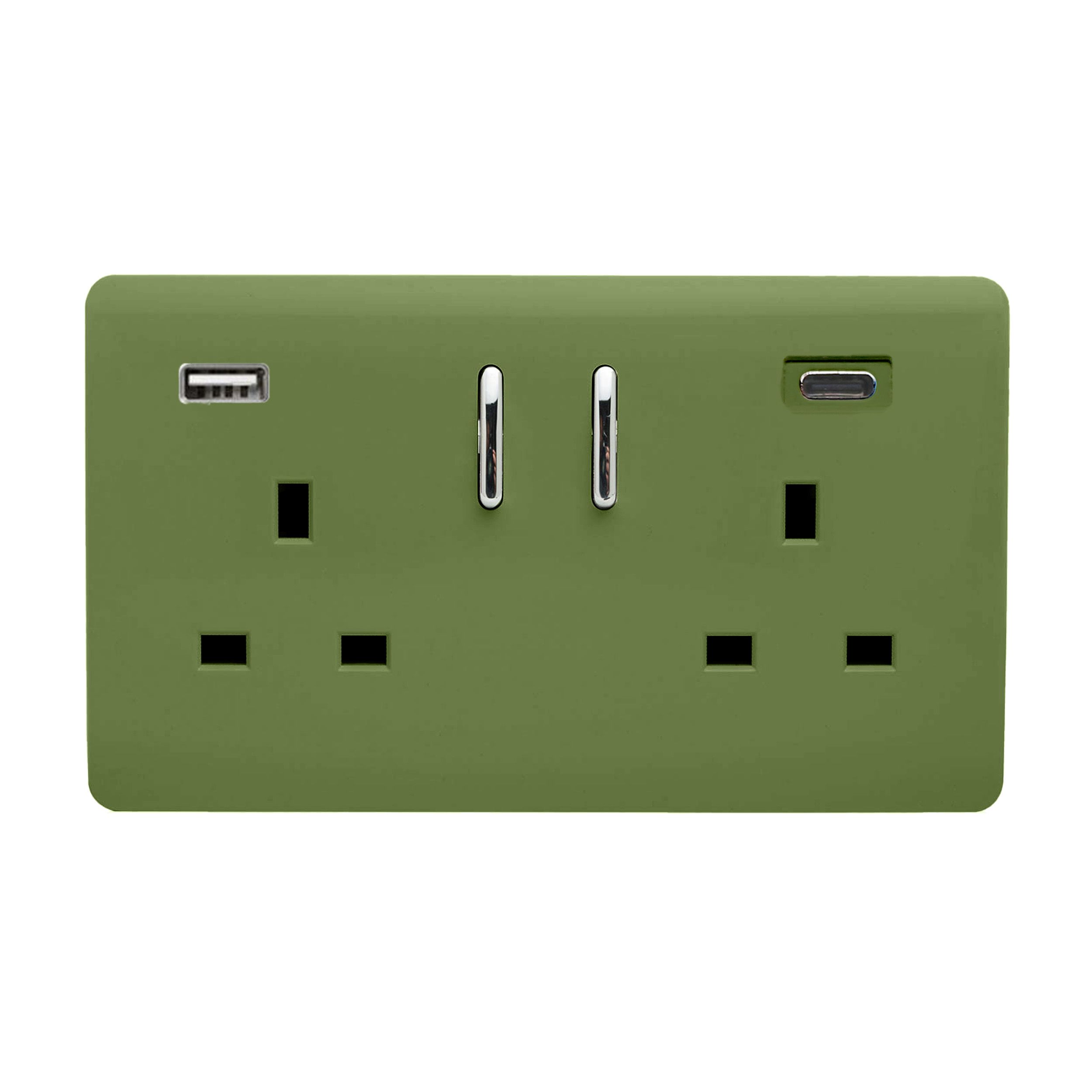 Moss Green Screwless 2 Gang Switched Double Socket 13A With 1 x USB-A & 1 x USB-C 65W (Shared), (35mm Back Box Req.), 10yrs Warranty
