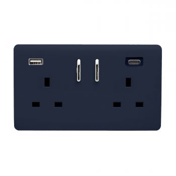 Navy Blue Screwless 2 Gang Switched Double Socket 13A With 1 x USB-A & 1 x USB-C 65W (Shared), (35mm Back Box Req.), 10yrs Warranty
