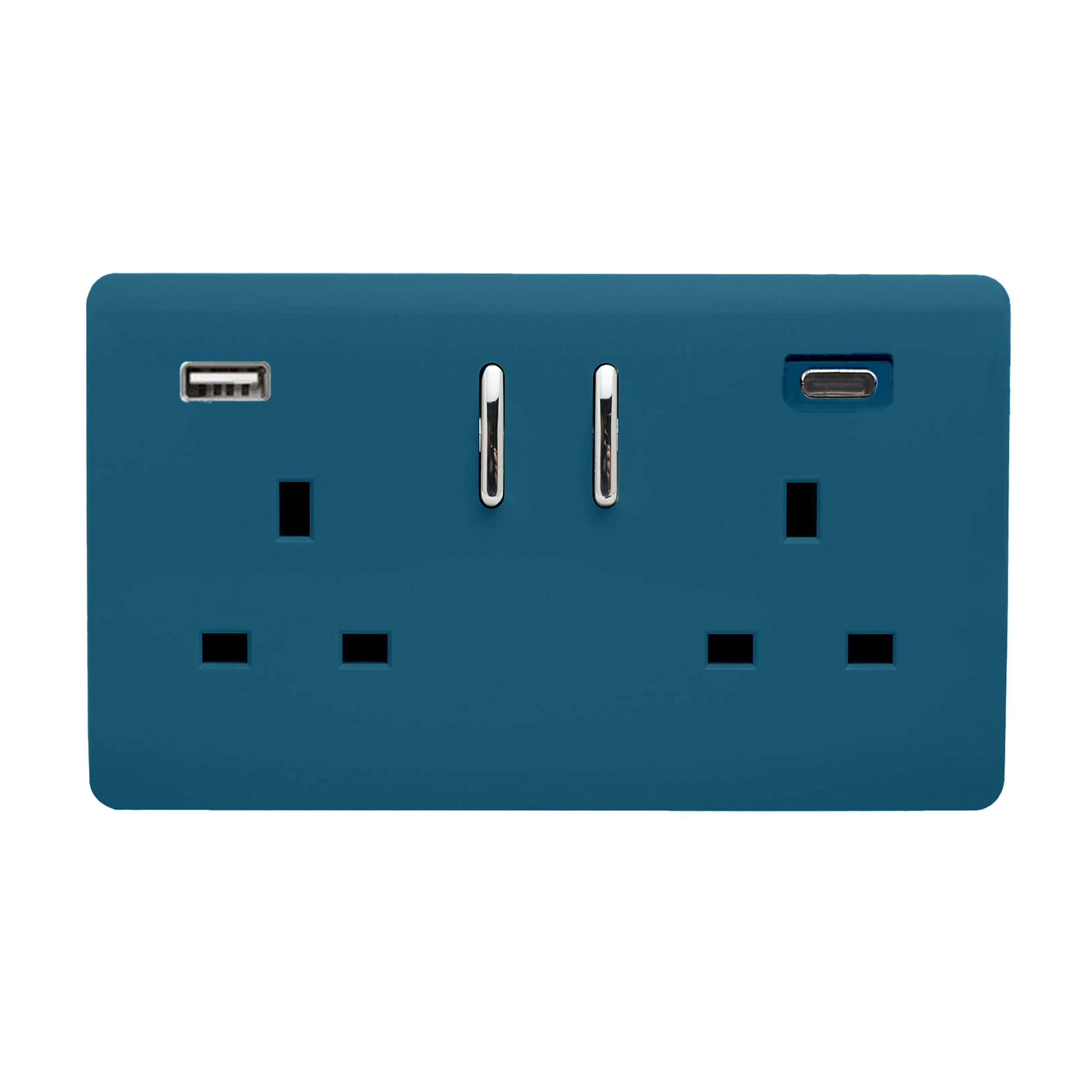 Ocean Blue Screwless 2 Gang Switched Double Socket 13A With 1 x USB-A & 1 x USB-C 65W (Shared), (35mm Back Box Req.), 10yrs Warranty