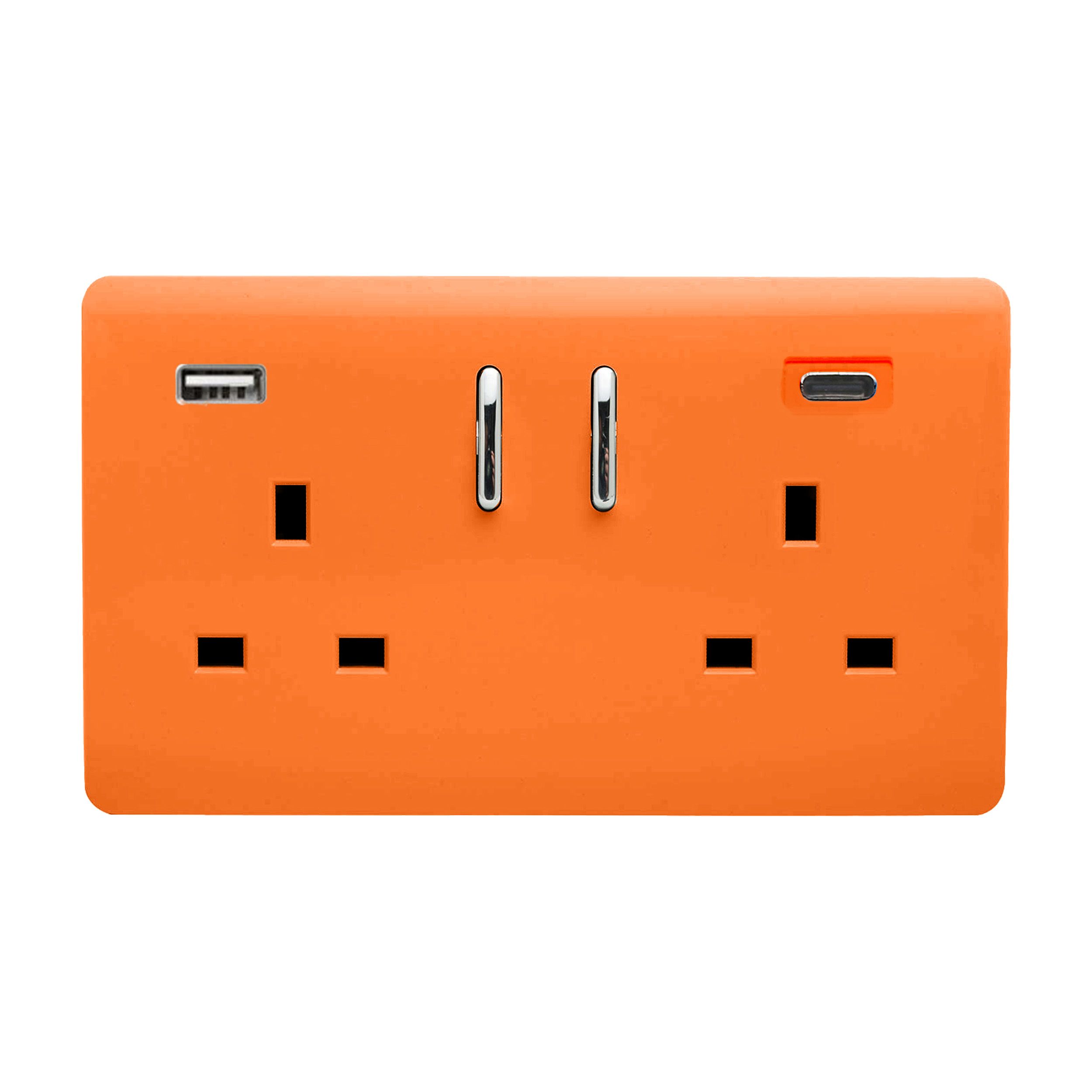 Orange Screwless 2 Gang Switched Double Socket 13A With 1 x USB-A & 1 x USB-C 65W (Shared), (35mm Back Box Req.), 10yrs Warranty